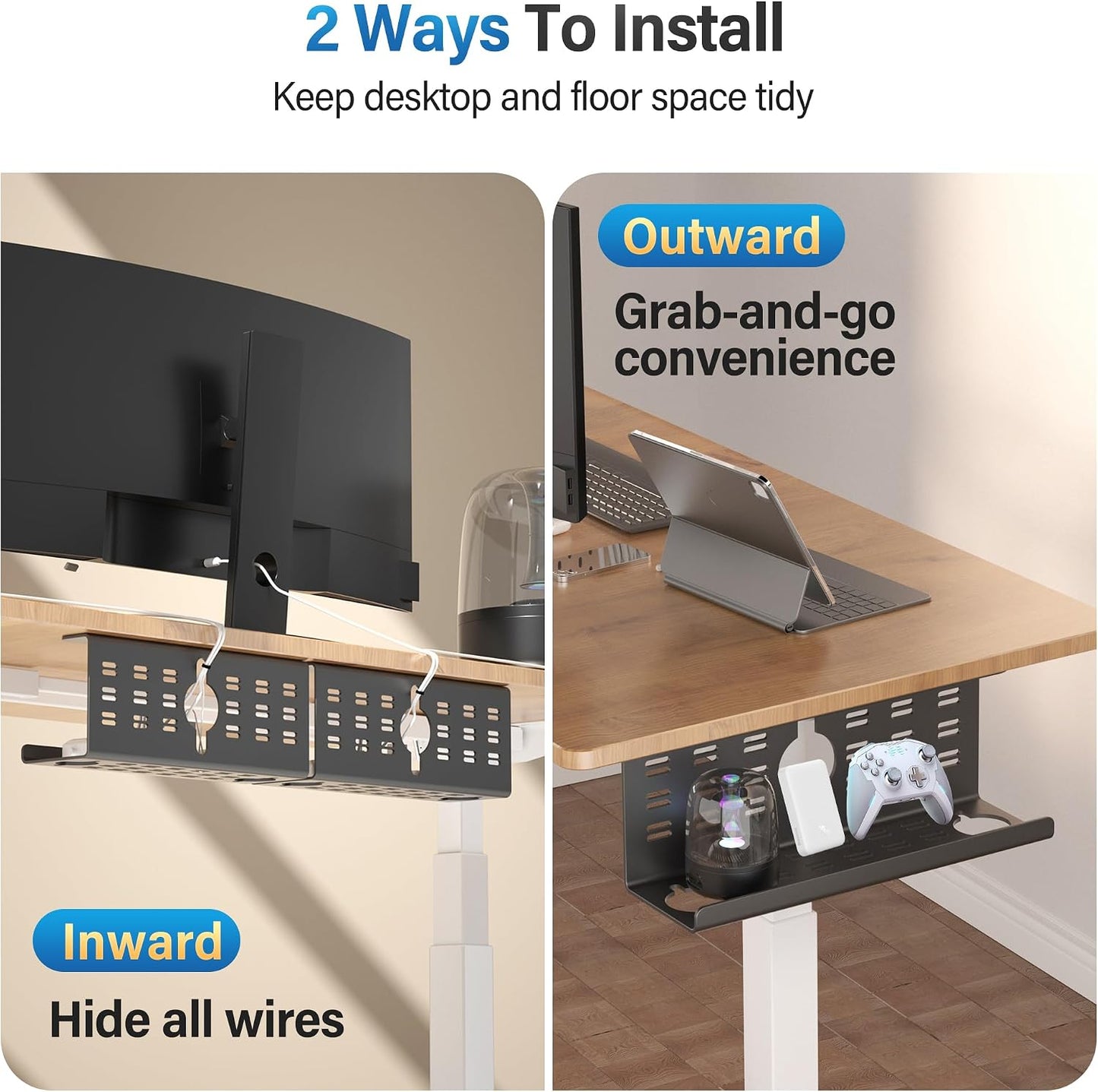 Cinati 2 Pack 32" Cable Management Under Desk Black, Large Cable Management Tray, Under Desk Alloy Steel Wire