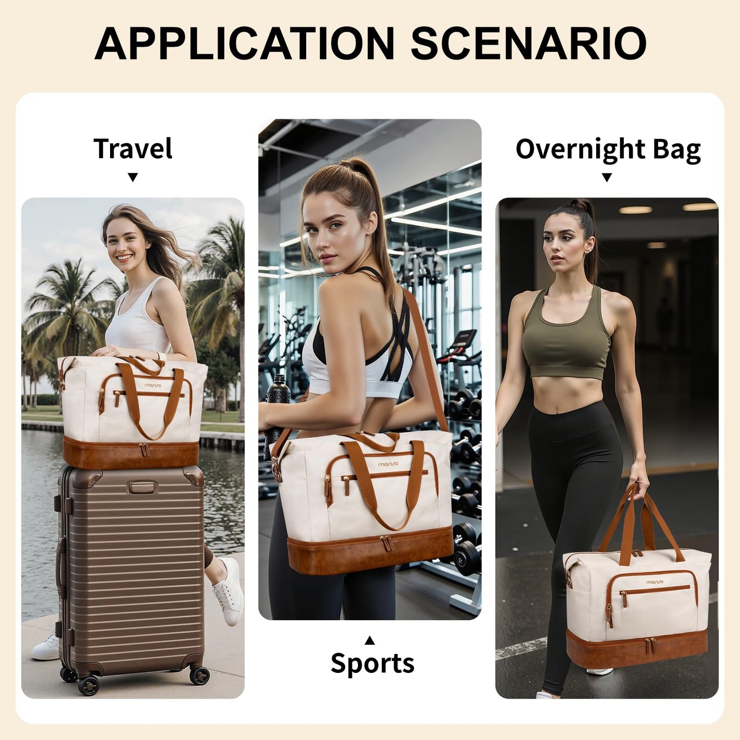 MOSISO Gym Bag for Women, Travel Duffle Weekender Overnight Workout Carry on Gym Duffle Bag with Toiletry Pouch&Shoe Compartment&Wet Pocket&Front Pocket for Fitness, Yoga, Weekend, Beige