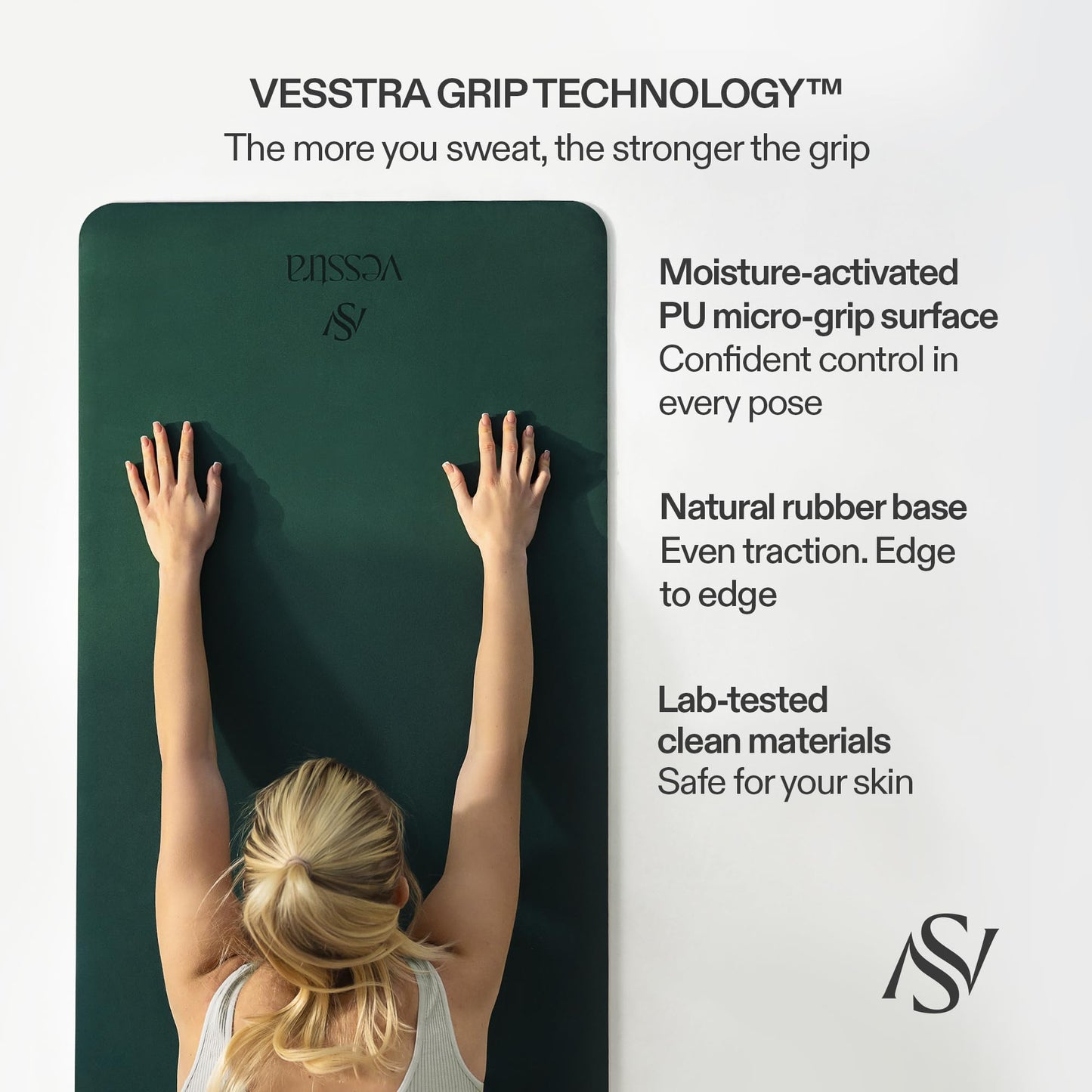 Vesstra Premium Yoga Mat – Sweat-Activated Non-Slip PU Grip I Natural Rubber Base I 4mm for Yoga, Pilates & Workouts