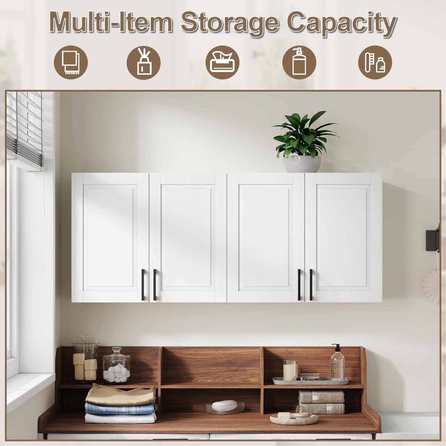 ChooChoo Laundry Room Cabinets, 4 Doors Wall Mounted Storage Cabinet, Kitchen Wall Storage, Bathroom Wall Cabinet, White