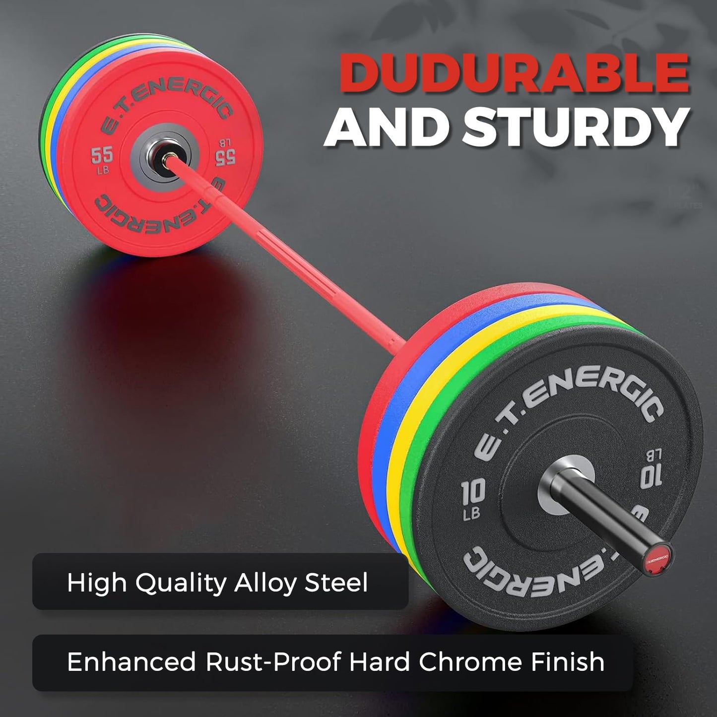 E.T.ENERGIC 7ft Olympic Barbell – 40LB Chrome Powerlifting Bar with 2” Sleeves & Medium Knurl, 700LB Capacity Strength Training Barbell for Squats, Deadlifts, Bench Press, Home & Gym, Black&Red
