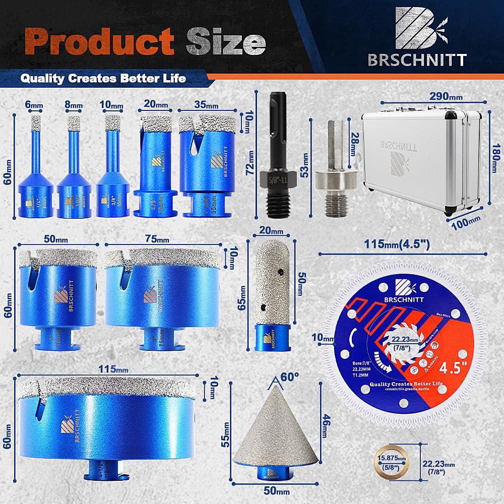 Diamond Core Drill Bit Set - BRSCHNITTTile Hole Saw Kit 1/4" 5/16" 3/8" 4/5" 1-3/8"2" 3" 4 1/2"& 4/5" Finger Bit&2" Chamfer Bit for Porcelain Tile Ceramic Marble Granite&Diamond Blade