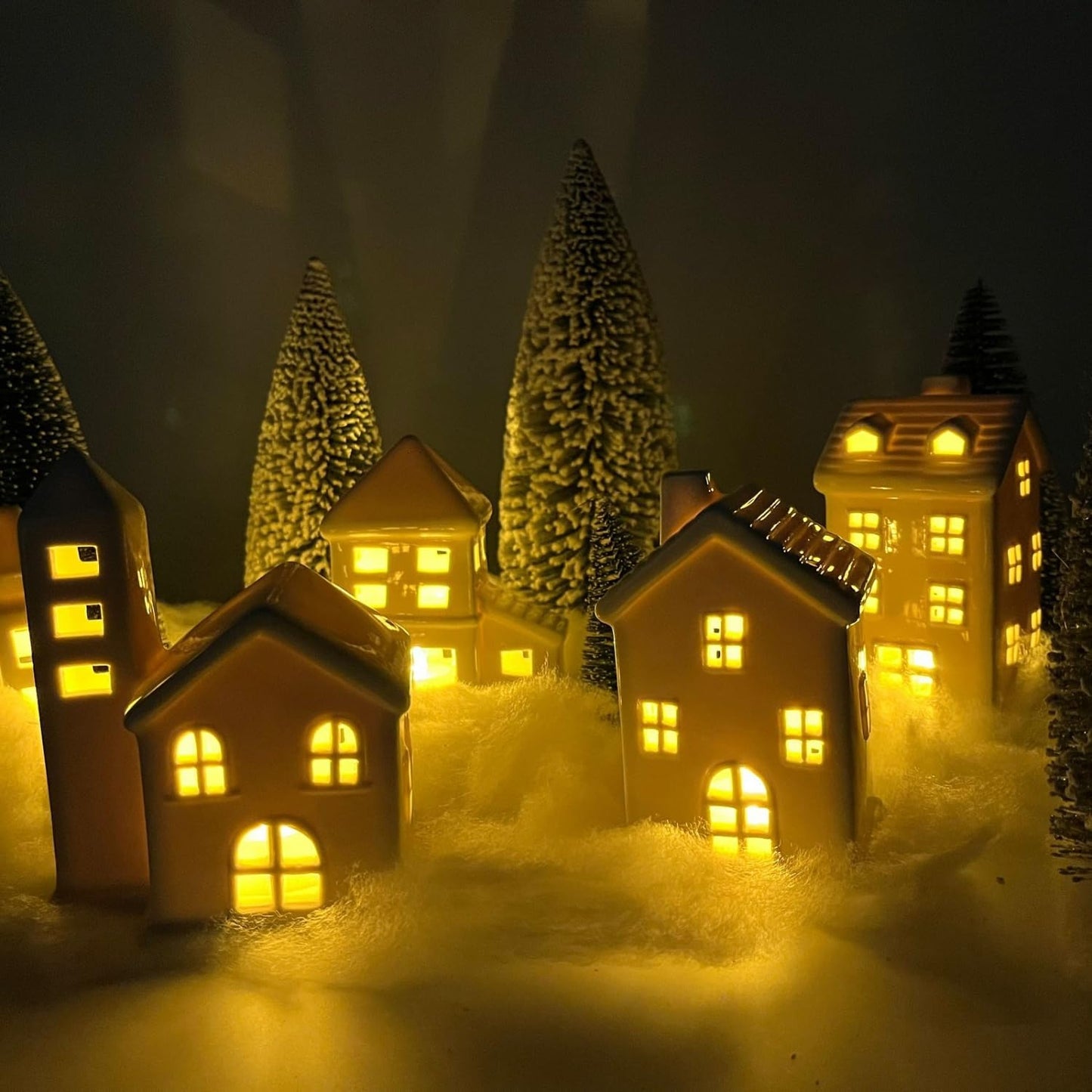 Regine Switzerland Ceramic Christmas Village Houses Set - 5 White Houses, 9 Trees & Fake Snow for Festive Home Decor