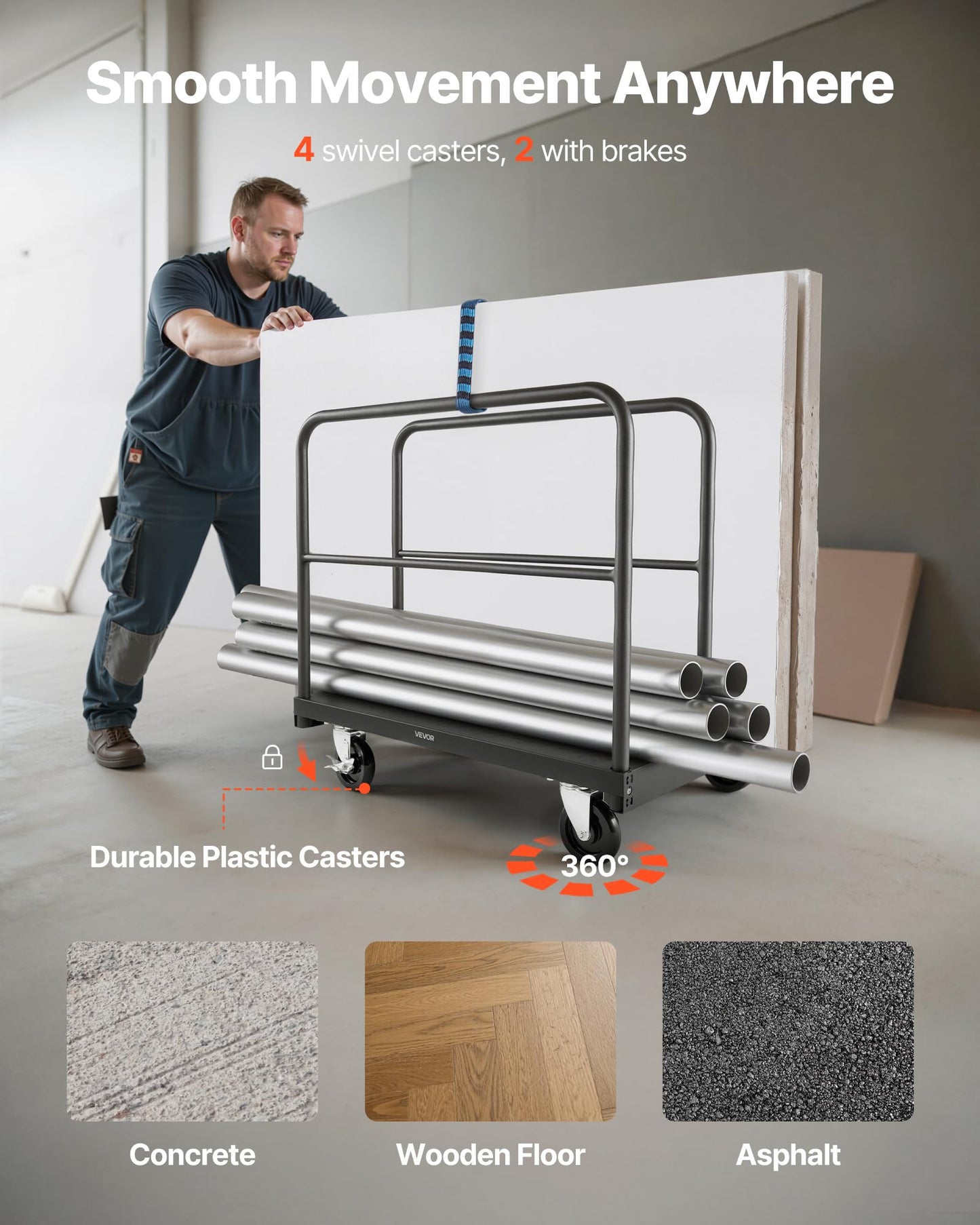 VEVOR Drywall Cart Dolly, 1800 lbs Load Capacity, 2-in-1 Steel Panel Truck Cart with 5 inch Swivel Casters, 36 x 24 inch Platform Truck with 4 Side Handrails for Factory, Warehouse, Garage, Black