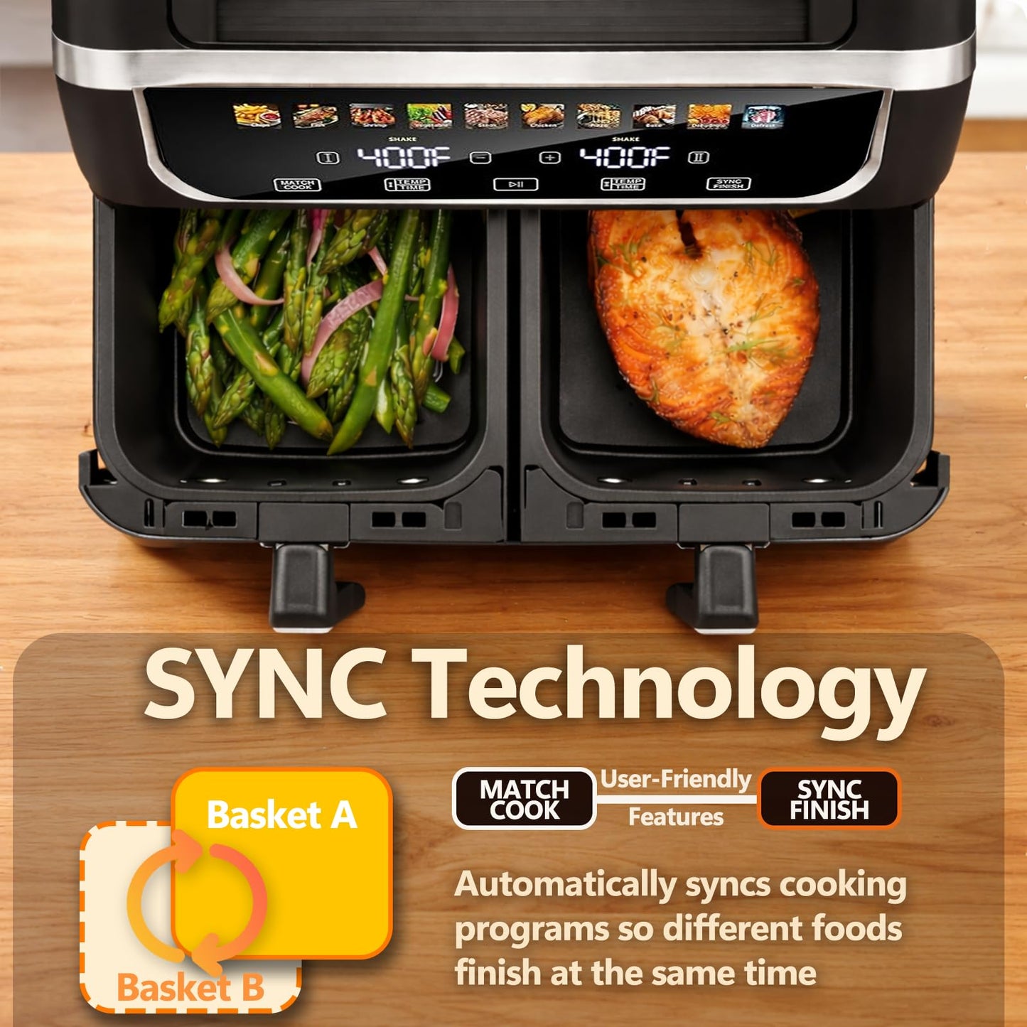 Simple Deluxe 9.5-Qt Dual Basket Air Fryer, 10-in-1 Digital Preset 1700W Airfryer, Sync Cook, Independent Temp Control, Shake Reminder, Nonstick Basket, Black