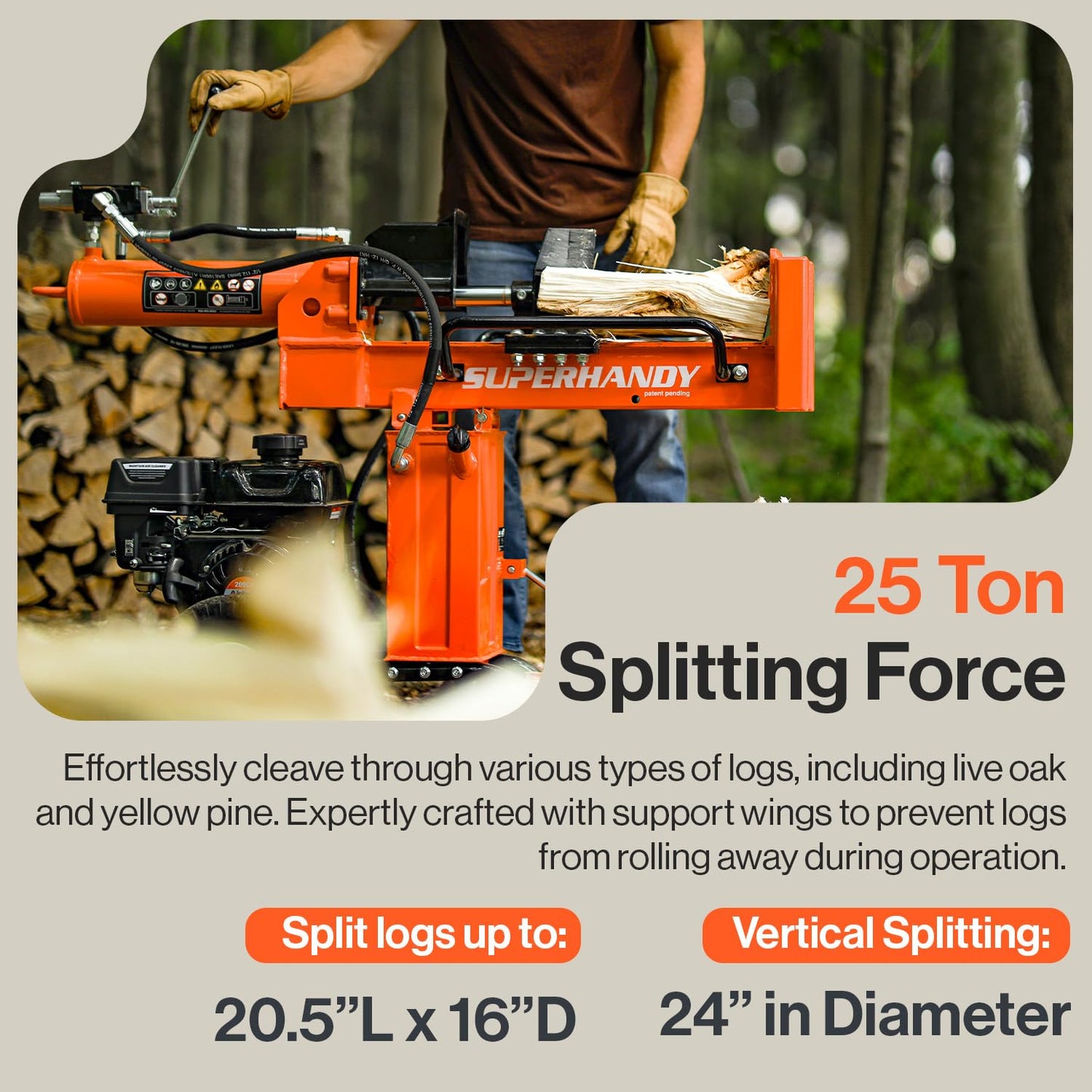SuperHandy Log Splitter with Durable Steel Wedge, Portable Design for Firewood and Forestry Harvesting (25 Ton Gas Powered)