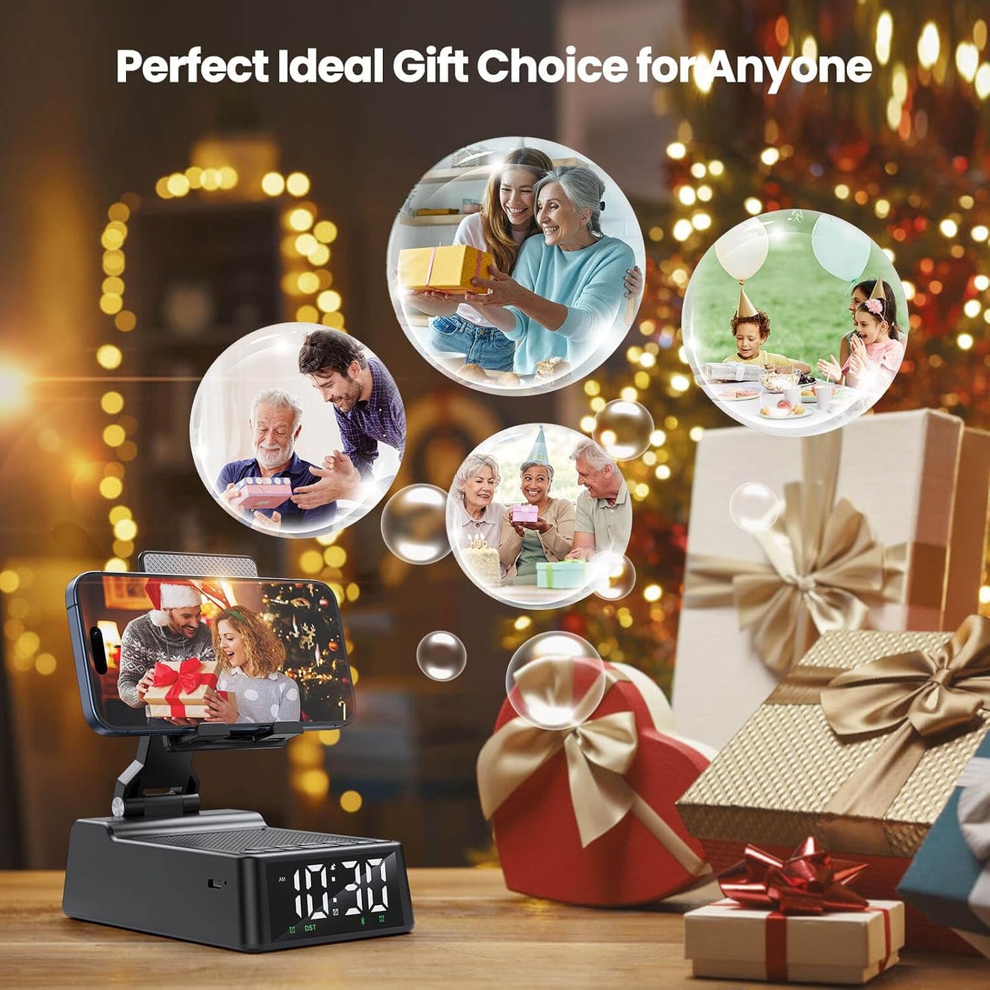 FunPay Gift for Women Men, Cell Phone Stand with Wireless Bluetooth Speaker and Alarm Clock Adjustable Cellphone Holder