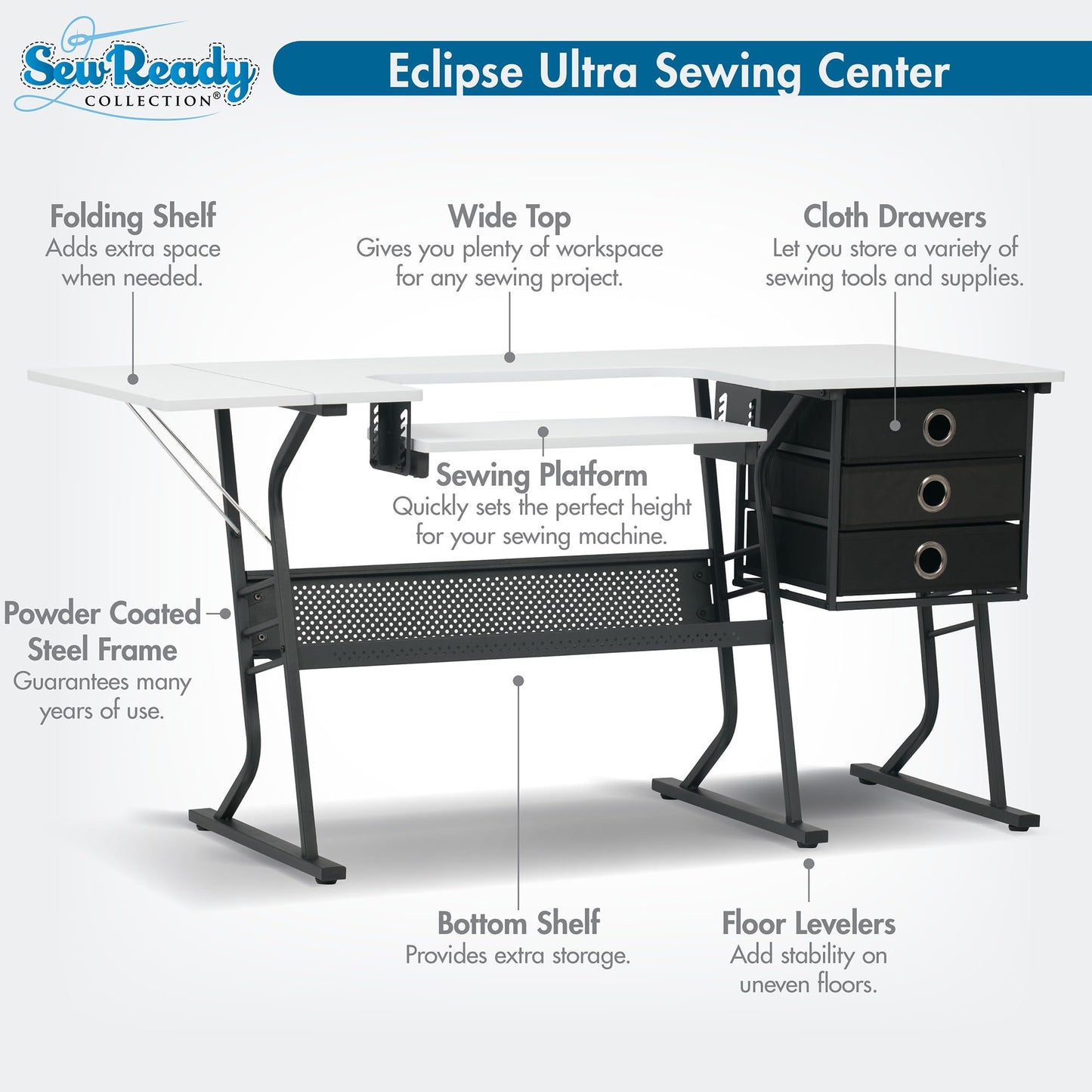Sew Ready Eclipse Hobby Sewing Table, 60.25 x 23.75" Overall Platform Size with Large Lower Storage Drawer, 2 Side Shelves & Cloth Drawer, Black/White