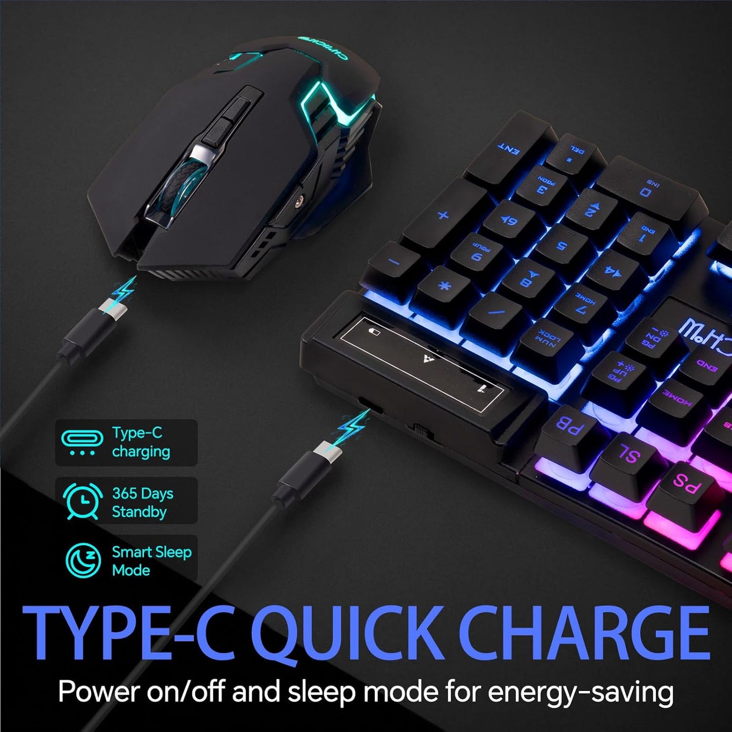 CHONCHOW 2.4G Wireless Keyboard and Mouse Combo - Rechargeable USB Rainbow LED Backlit Wireless Gaming