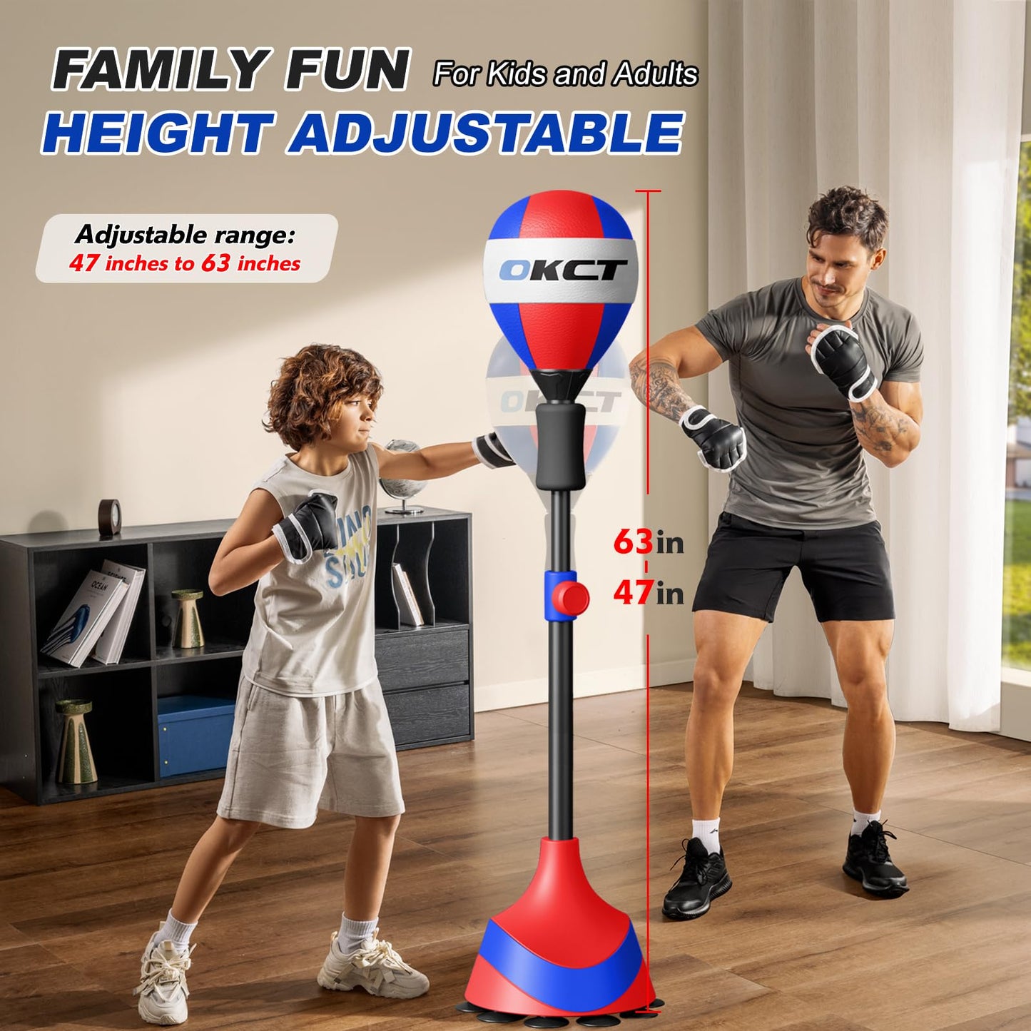 Punching Bag with Adjustable Height Stand, Thickened Steel Frame, Reflex Boxing Ball for Home Gym Equipment, Includes Floor Mat, Gloves & Pump, for Adults & Kids(Red)