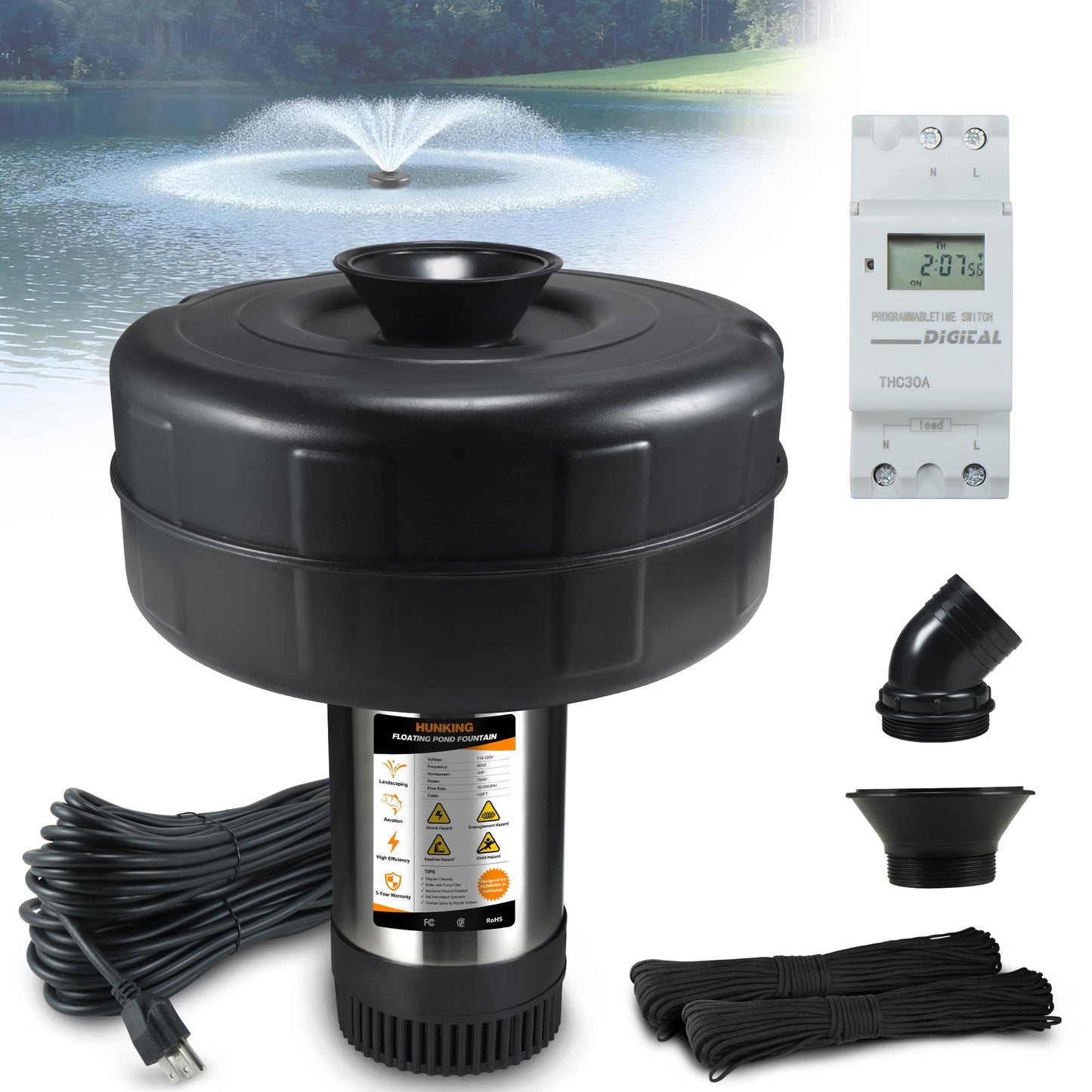 HUNKING Pond Fountain Aerator, 1HP 16000 GPH 750W 110V/120V Stainless Steel Floating Fountain Pump with 100ft Power Cord & Rope & Timer for Small Large Outdoor Ponds & Lakes