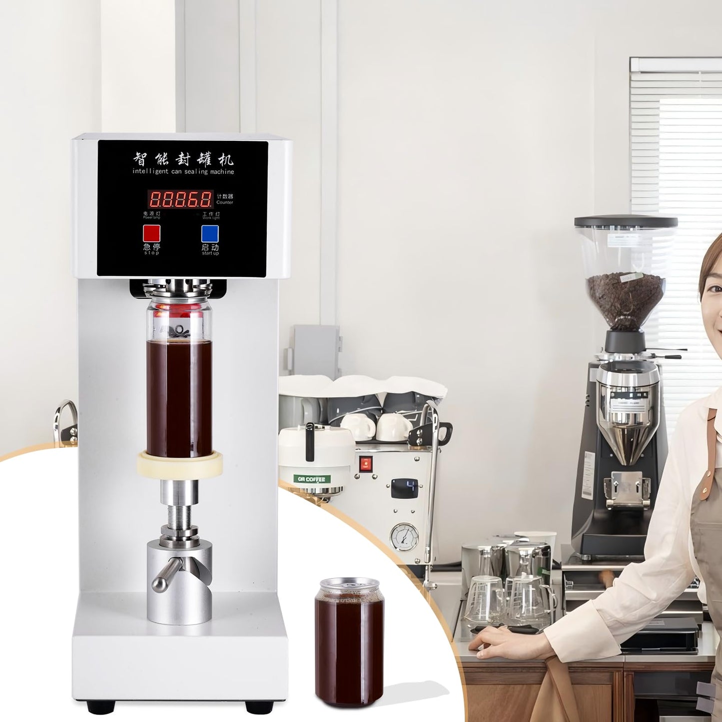 JIAWANSHUN 180W Commercial Soda Can Sealer with LCD Counter, 4.5"-6.7" Height Adjustable Seaming Machine for Soda/Aluminum/Tin Cans, 2.2" Diameter Plastic Can Sealer