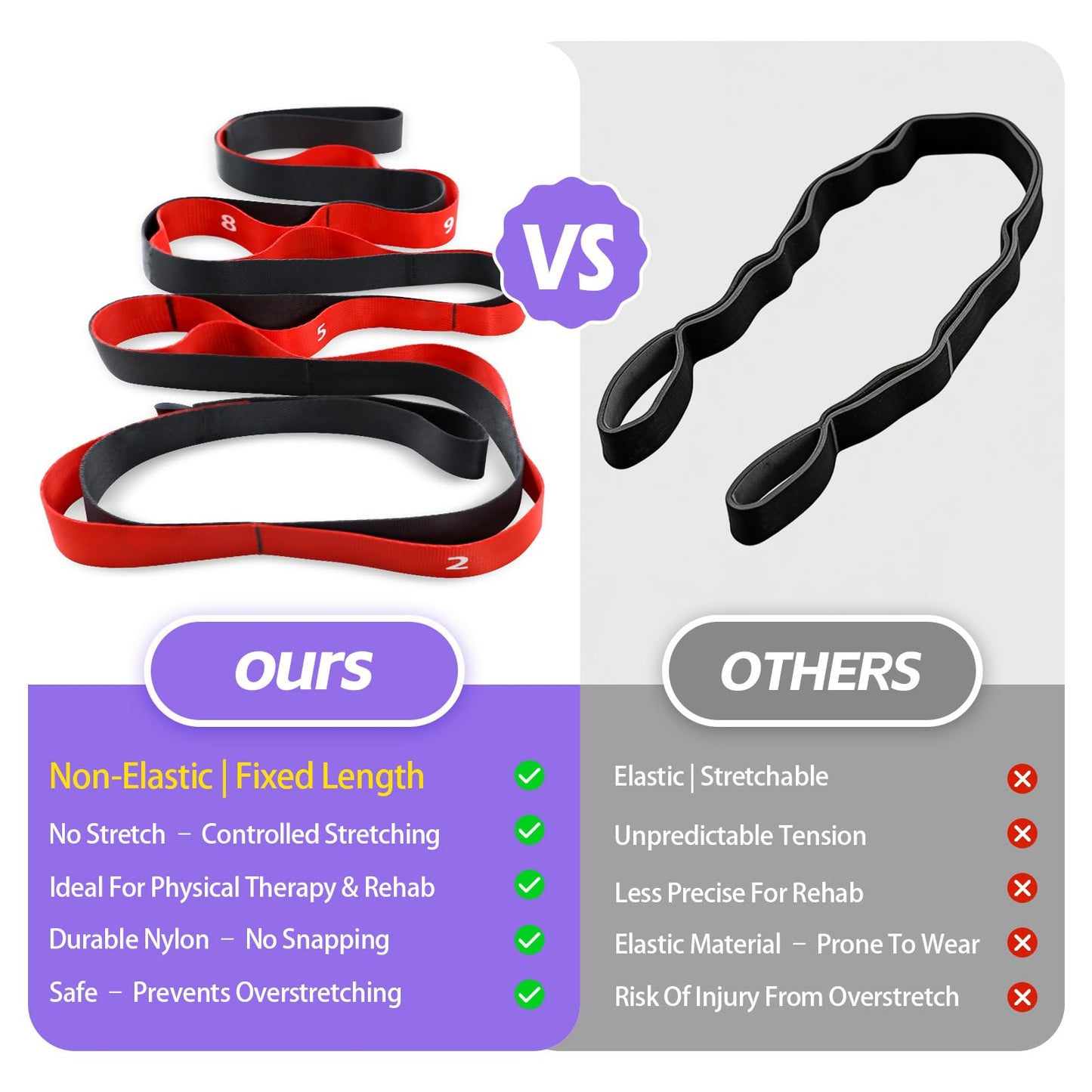 Non Elastic Stretching Strap with Loops - Yoga Straps for Physical Therapy, Durable Stretch Bands for Exercise, Flexibility Training, Hamstring & Leg Stretcher, Yoga/Pilates/Gymnastics - Red