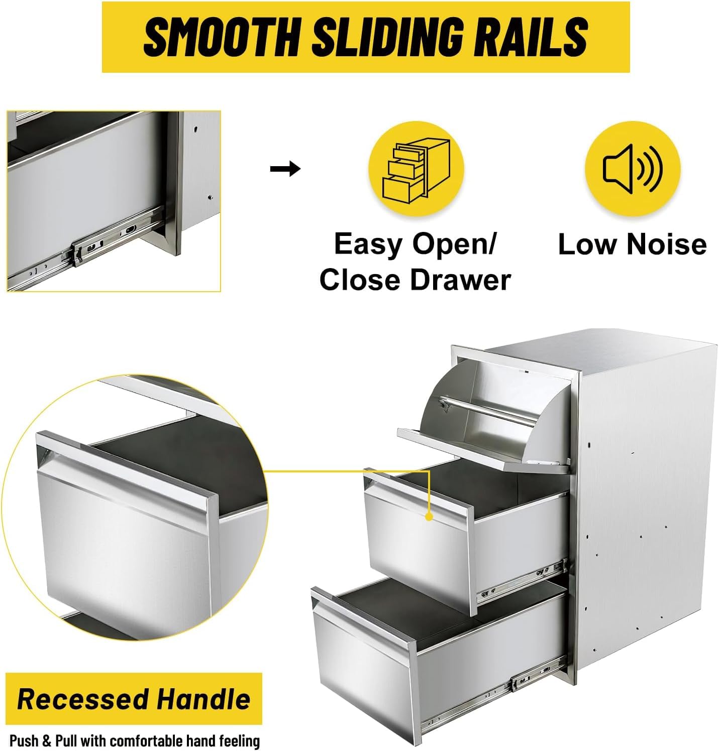 yuxiangBBQ Outdoor Kitchen Drawer, Stainless Steel Tilting Paper Towel Holder Drawer Plus Double Drawers Combination, 17W 30H 21D Double Wall Outdoor Kitchen Drawers