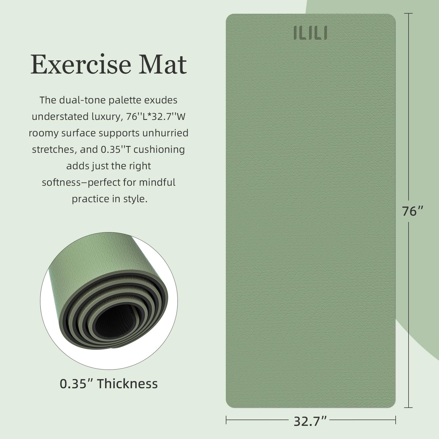 ILILI Yoga Mat Thick Soft Exercise Mat for Home Gym, Anti-Tear Cushioned Mat for Men Women, 76"x32.7"x0.35" for Stretching, Pilates (Grass Green+Black)
