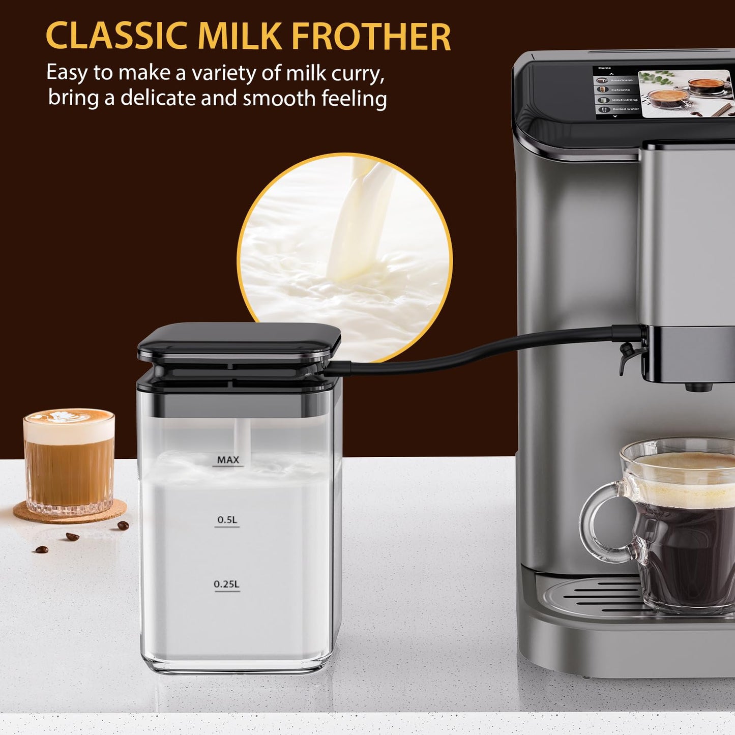 Automatic Espresso Machine with 20 Bar Pressure – One-Touch Coffee Maker, Built-in Grinder & Milk Frother, 6 Custom Recipes, 1.5L Water Tank, Auto Self-Cleaning, 120V for Home & Office (Grey)