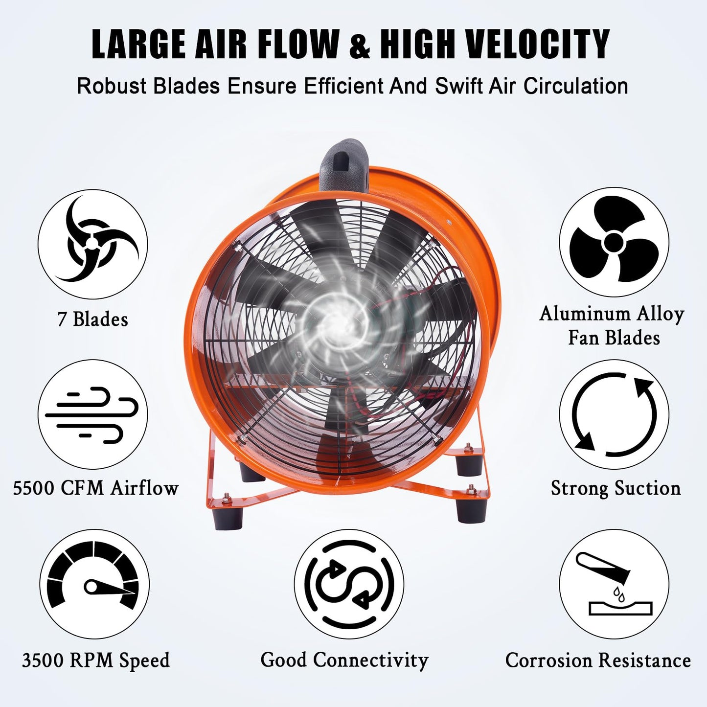 ExploreHorizon 16-Inch Heavy Duty Portable Exhaust Fan - 5500 CFM High Velocity Blower, 2-Speed Adjustable with 32ft Vinyl Hose - Ideal for Crawl Spaces, Attics, Basements, Workshops, Garage