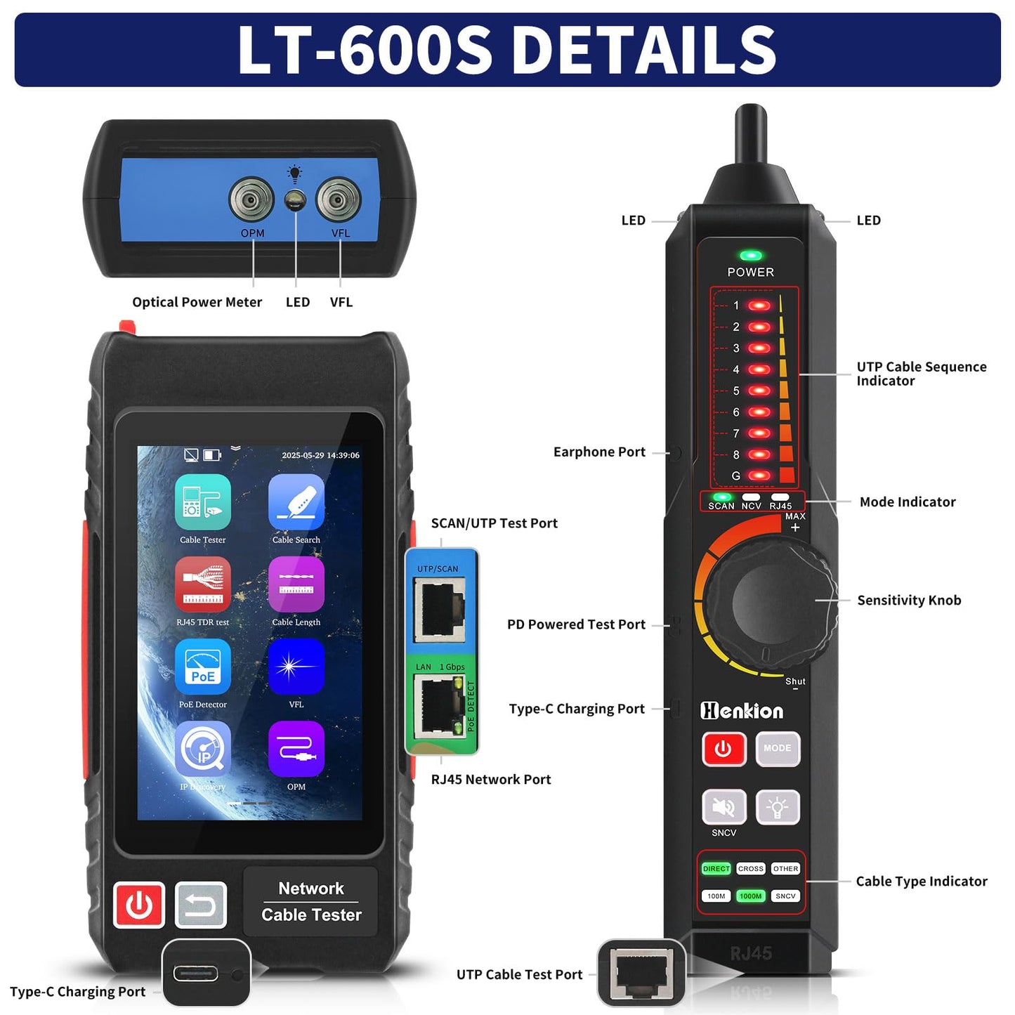 Multifunction RJ45 Network Caber Tester, 4" IPS Touch Screen UTP Cable Tester,Rechargeable Ethernet Cable Tracer,Support Network Tools, POE++ Detect,Cable Length Meter,RJ45 TDR Test,NCV,FTP (LT-600S)