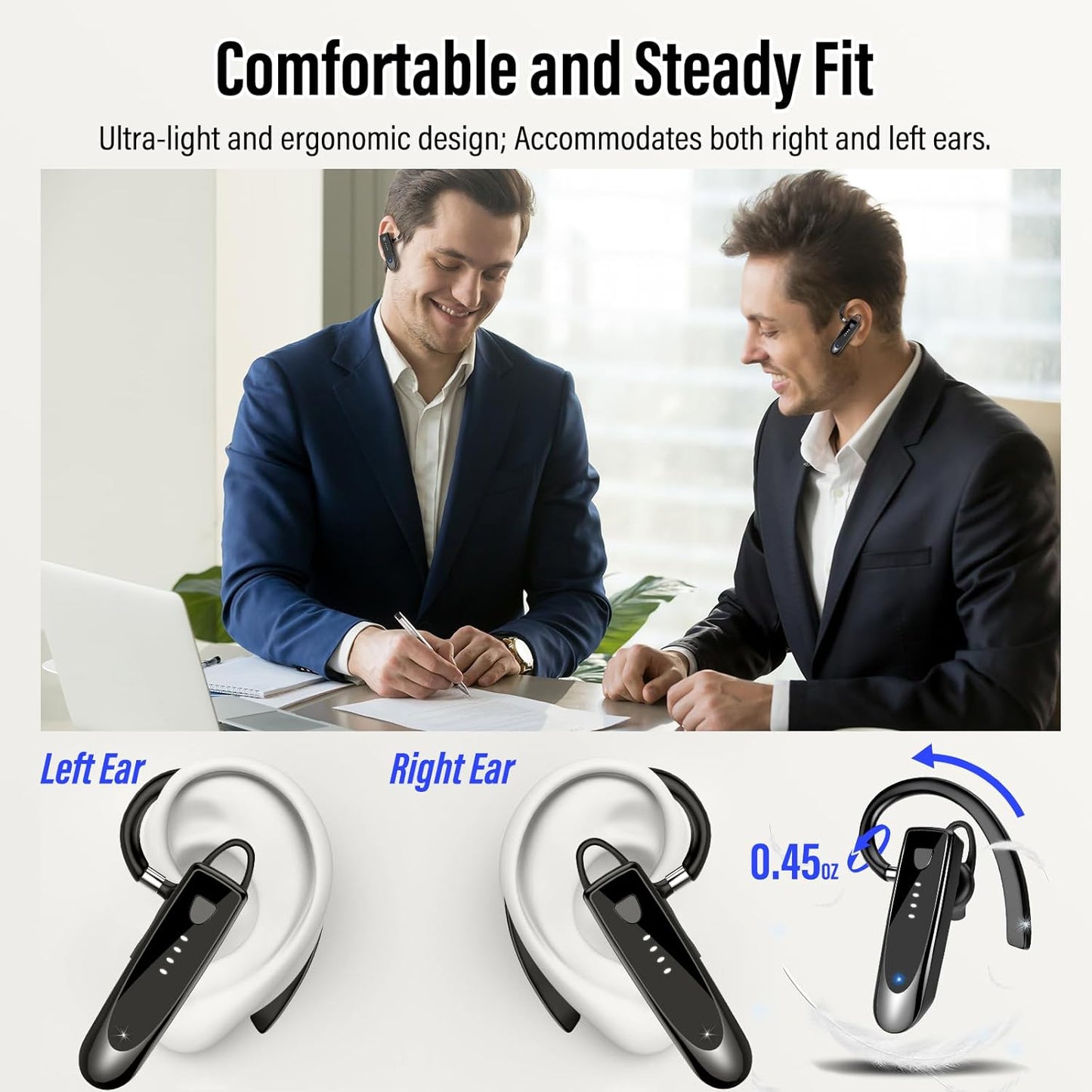 20Hrs 5.4 Headset, 180 Headset Atheewon Bluetooth Earpiece, Wireless Handsfree with Noise Cancelling Mic, Call Time