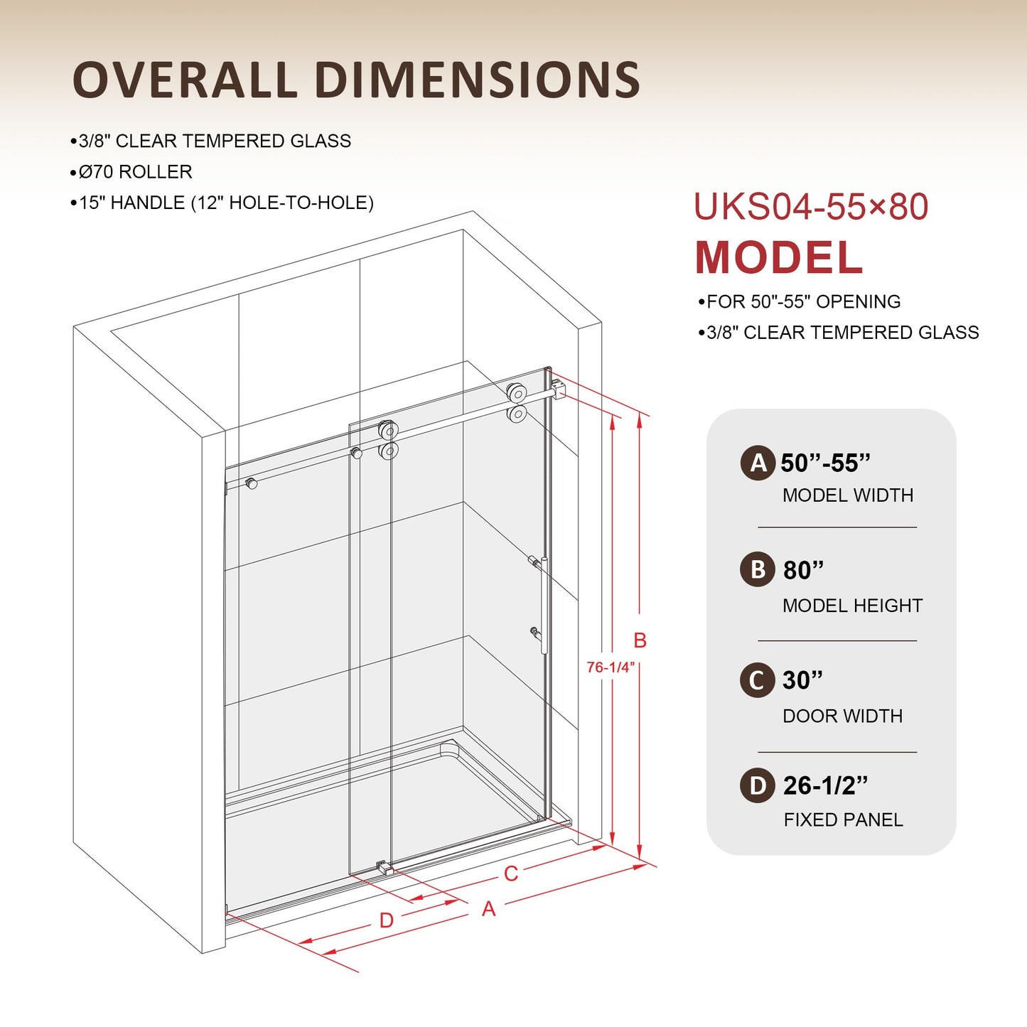 50-55 Inch x 80 Inch Sliding Frameless Shower Door, 3/8" Tempered Glass with Easy-Cleaning Coating, Stainless Steel Rollers & SGCC-Certified Stability, Bright Chrome