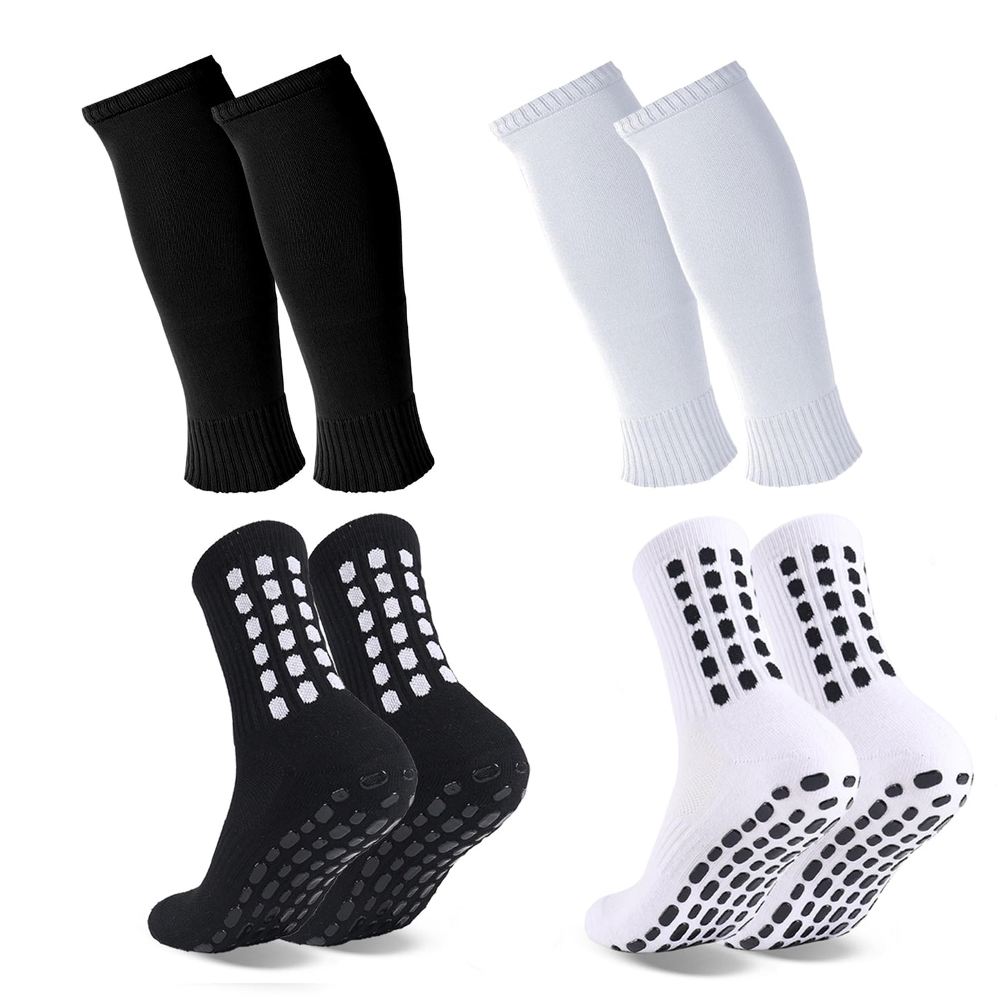 Barrlves 2 Set Grip Soccer Socks and Shin Guard Sleeves Non Slip Soccer Sleeve Socks for Men Women(US, Alpha, One Size, Regular, Regular, Black&White)
