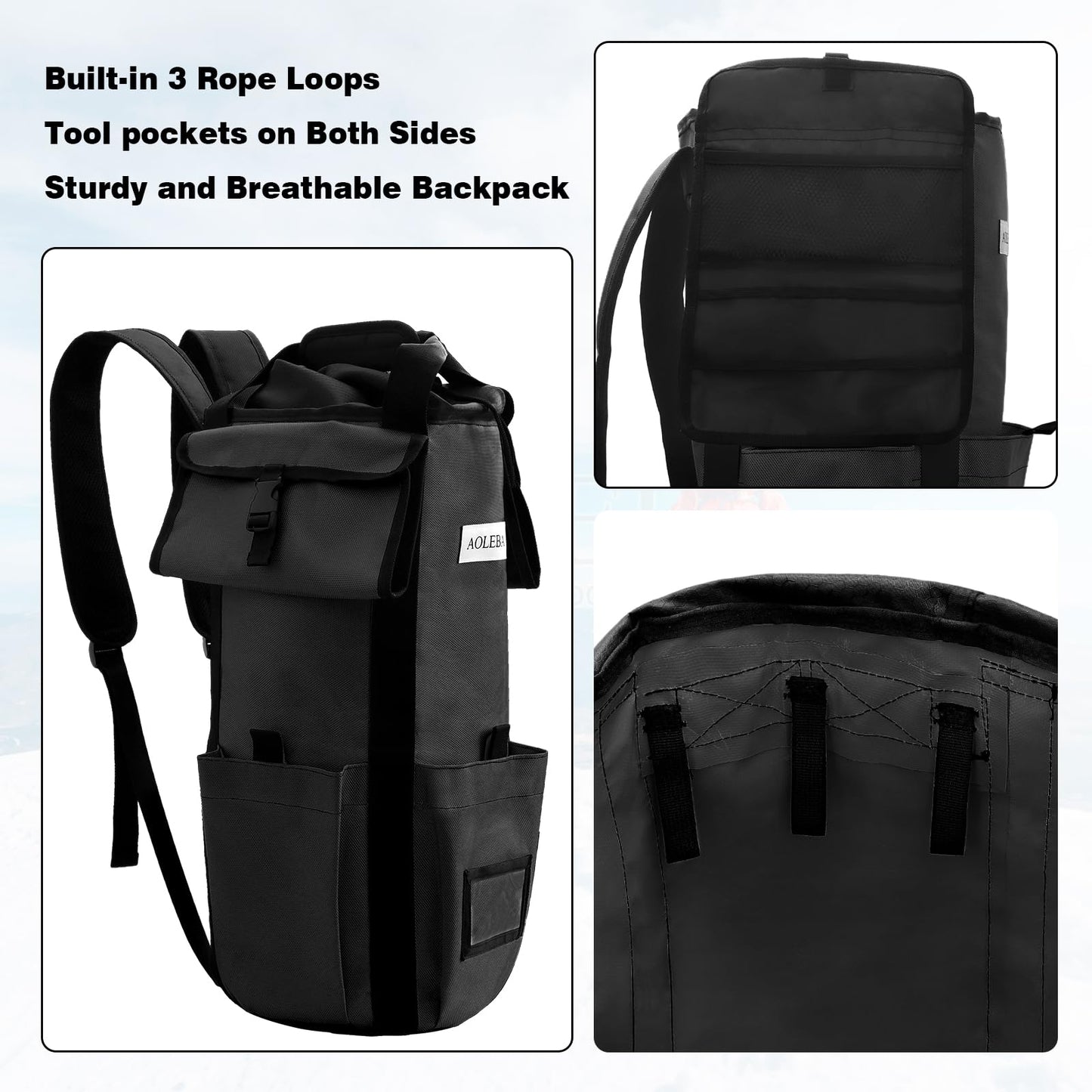 AOLEBA Arborist Rope Storage Bag Tree Climbing Rock Rope Bucket Backpack Rope Storage Bag 200' Large Capacity 1680D Thicken Nylon Material with Hand Straps, Side Pockets - Black