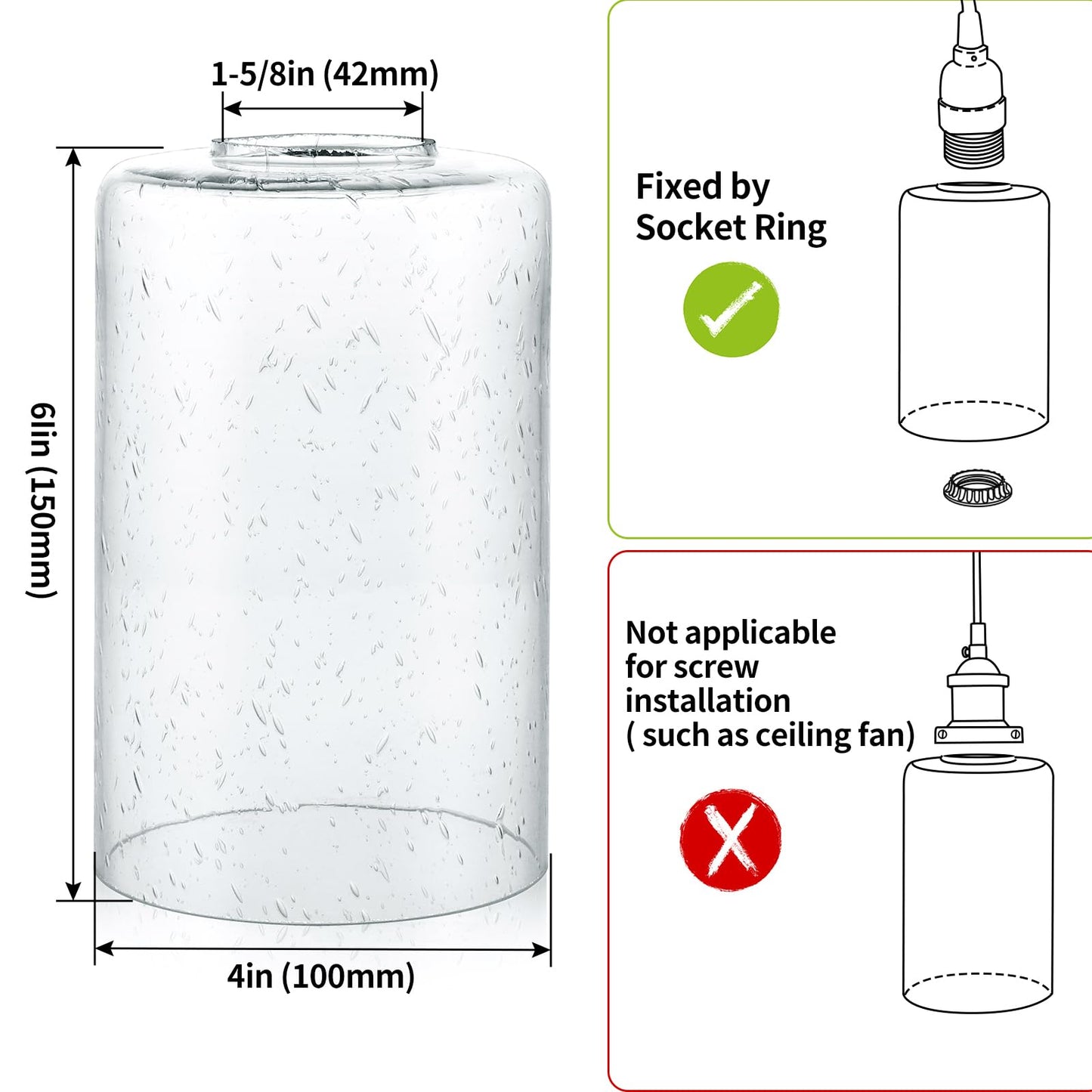 Skelang Seeded Lip-less Glass Lamp Shade, Cylindrical Light Cover with Fitter Opening, Replacement for Chandelier, Pendant, Bathroom Vanity Light, 4 Pcs