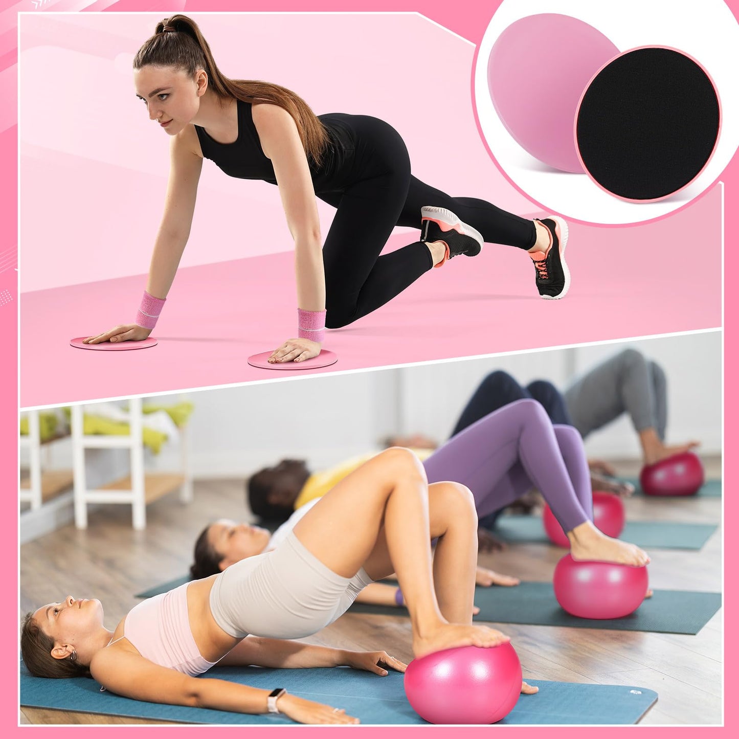 Poen 18 Pcs Home Pilates Ball and Ring Circle Set Yoga Fitness Essentials Kit with 5 Resistance Band Stretching Strap Non Slip Sock Ball Core Slider Wristband Headband Gym Bag for Women(Pink)
