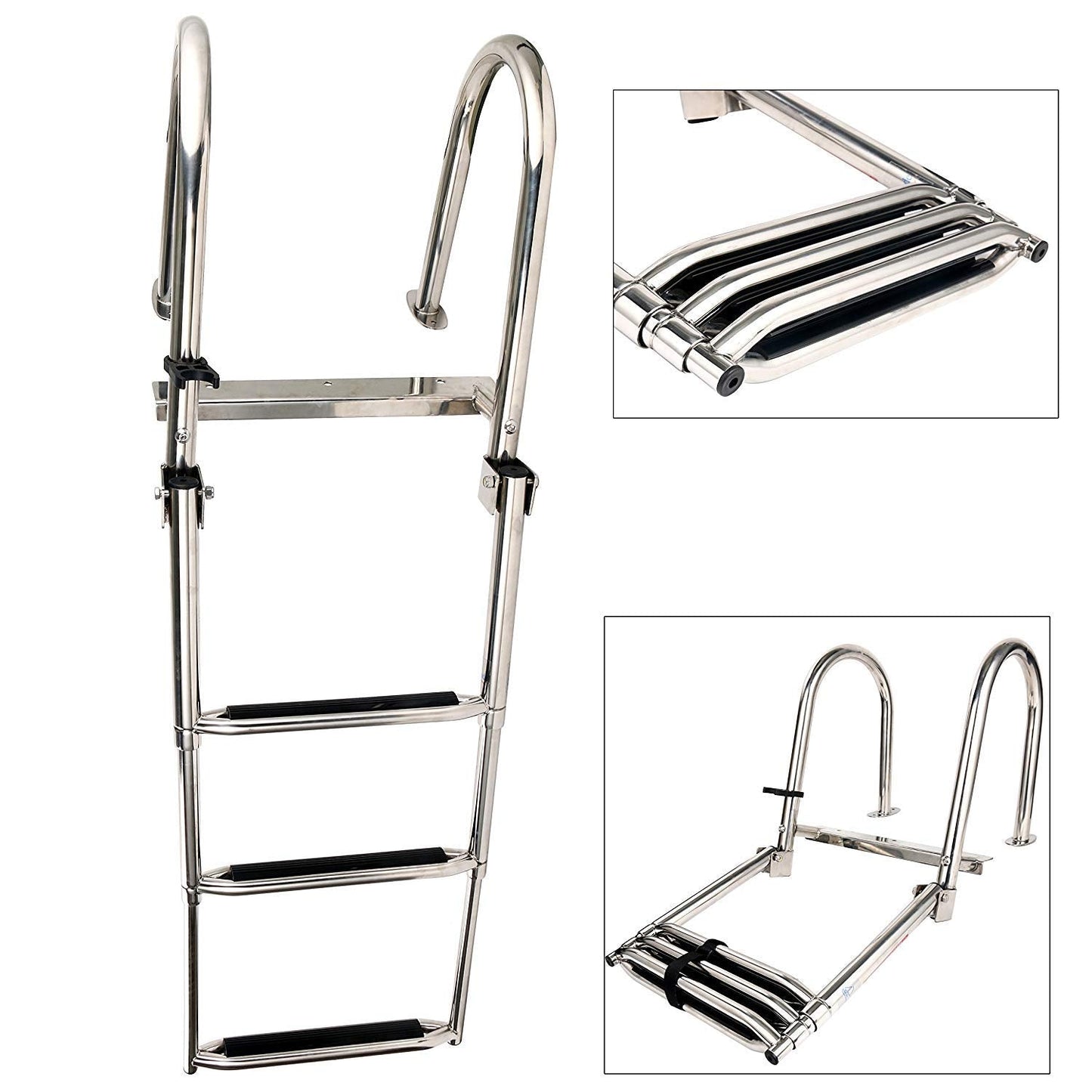Amarine Made Boat Ladder, 3 Step Premium Stainless Folding Rear Entry Pontoon Boat Ladder w/Extra Wide Step