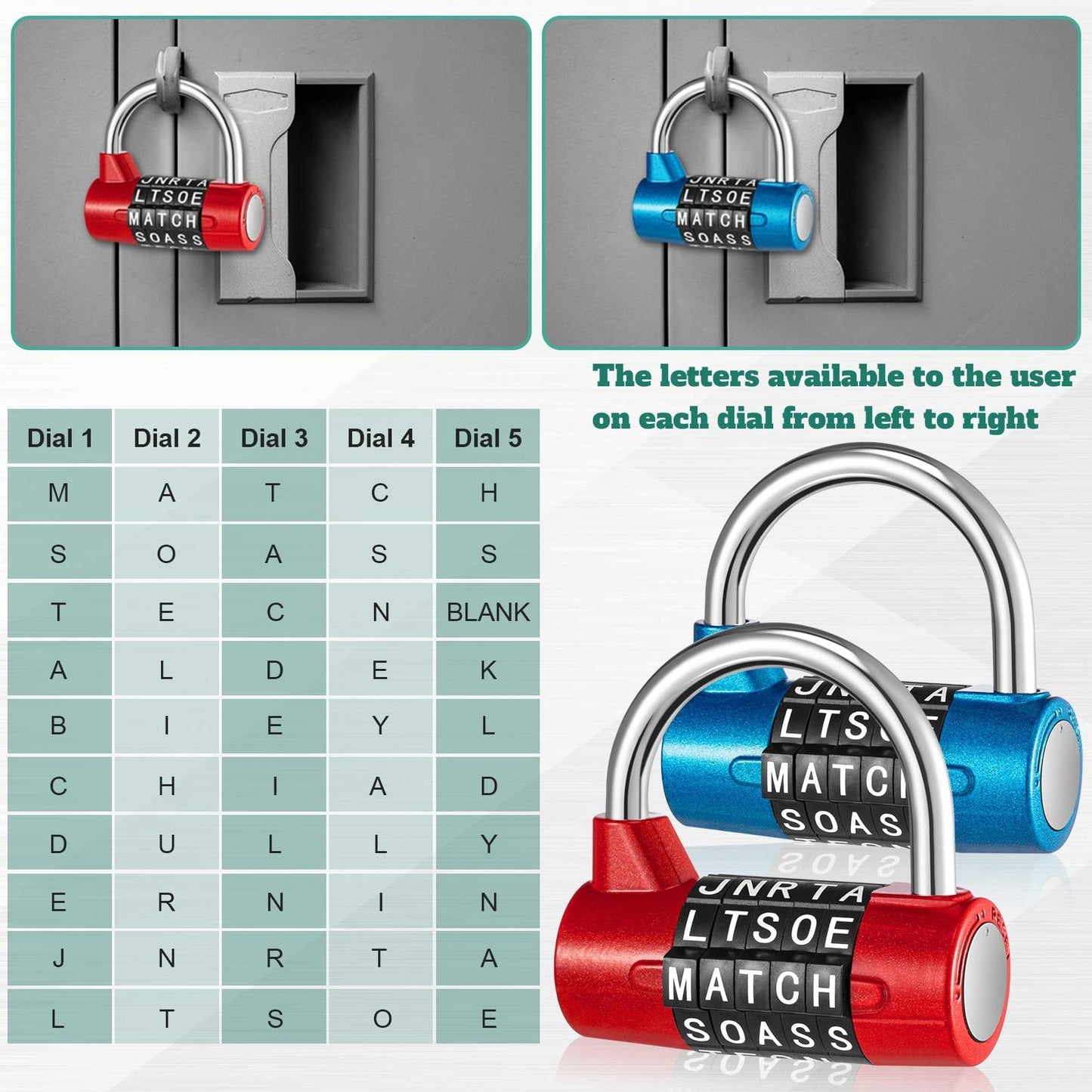 Shimeyao 2 Pcs 5 Letter Combination Lock Metal 5 Digit Lock Heavy Duty Word Gym Locker Keyless Resettable Safety Padlock for School Gym Locker Toolbox Hasp Cabinet(Blue, Red)