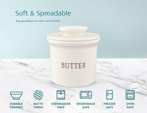 Kook Butter Keeper Dish - French Ceramic Crock with Lid for Soft Butter | Matte Oatmeal, Perfect Gift for Home Decor