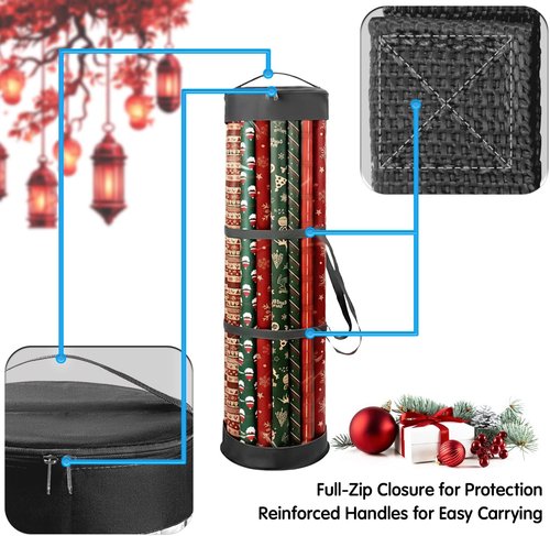 Mobi Lock Gift Wrap Storage Bag - Cylindrical Organizer with Zipper & Reinforced Handles | Holds 18-25 Rolls