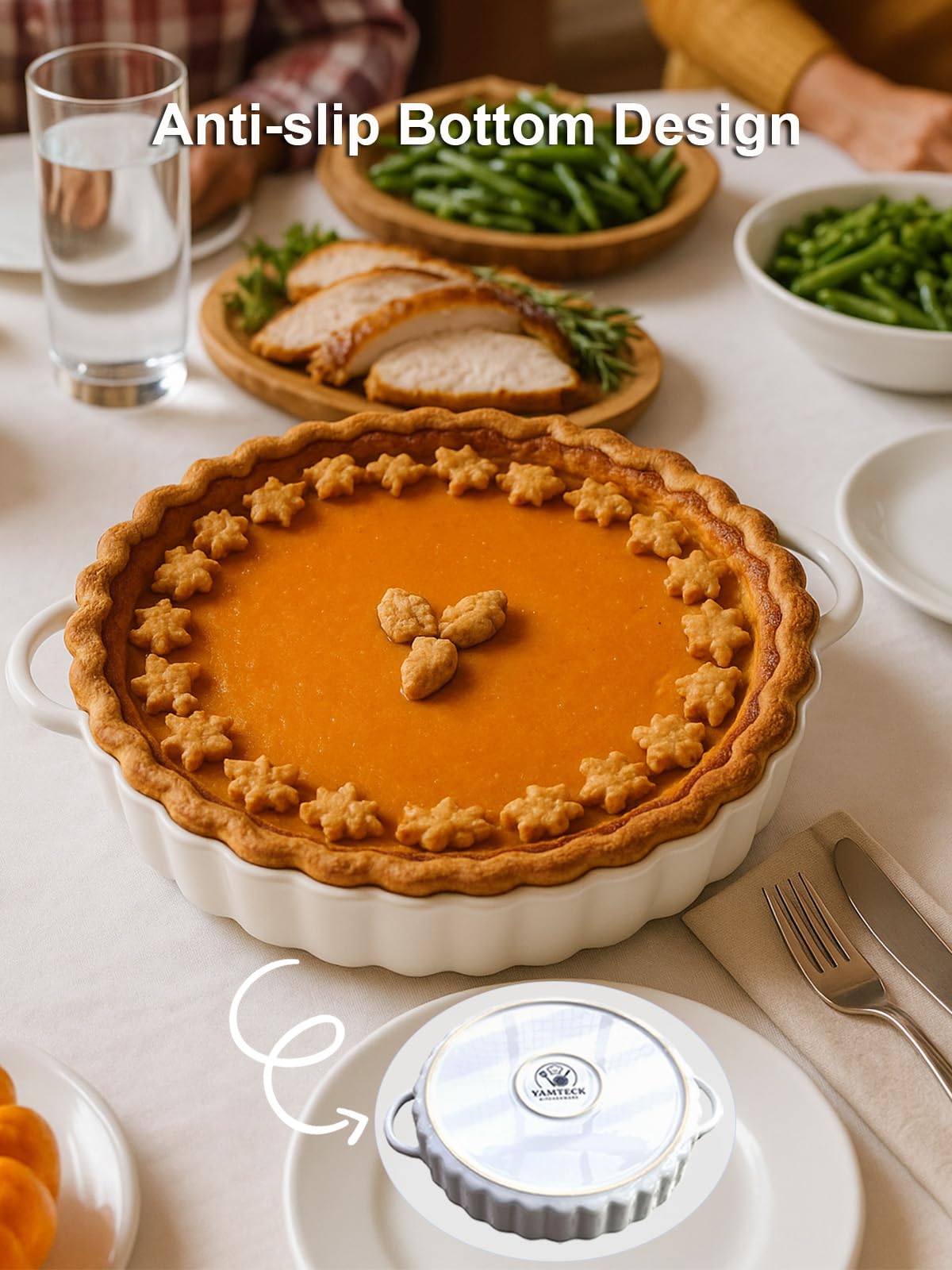 Yamteck 10×2in Deep Ceramic Pie Pan with Handles for Pie Quiche Tart Baking. Easy to grip, Lead-Free. Casserole Lasagna Dish for Thanksgiving Christmas Wedding Gift. Microwave, Dishwasher, Oven Safe
