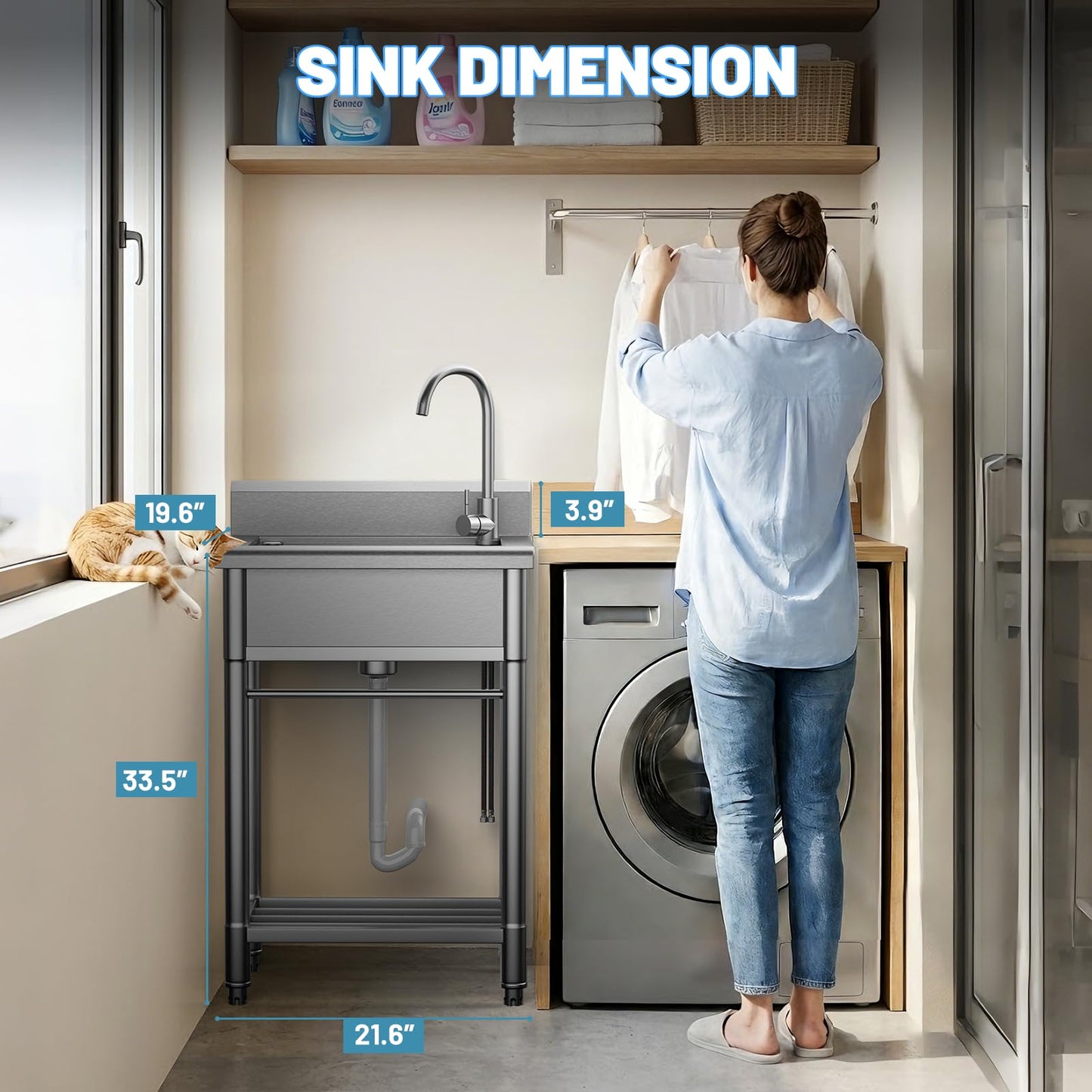 Utility Sink Free Standing Single Bowl Kitchen Sink with Cold and Hot Water Pipe Stainless Steel Sink for Garage Shop Laundry Room Basement Garden Farmhouse Mens Gifts Ourdoor Indoor fregadero