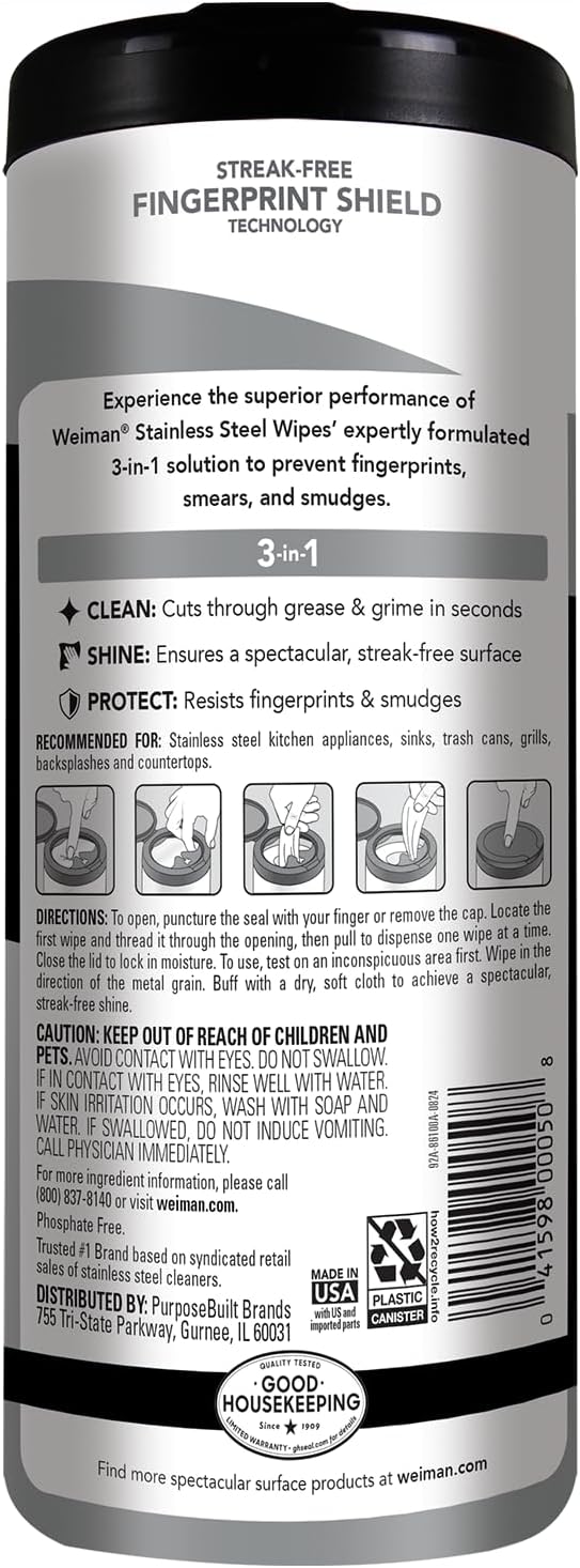Weiman Stainless Steel Cleaner Wipes - Anti-Fingerprint, 30 Count for Grease & Streak Removal