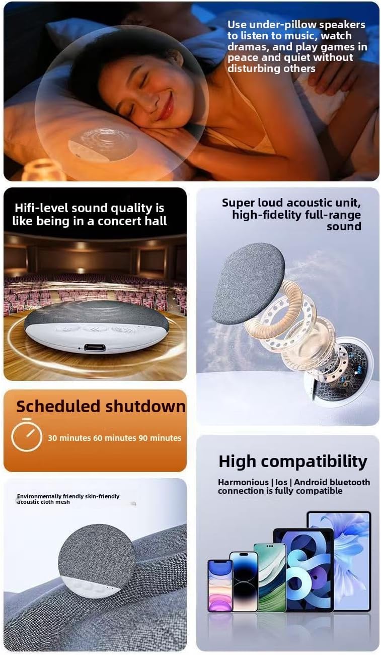 Generic Bluetooth Pillow Speaker for Sleeping, Ultra-Thin Under Pillow Speakers for Sleeping, Mini Portable Wireless