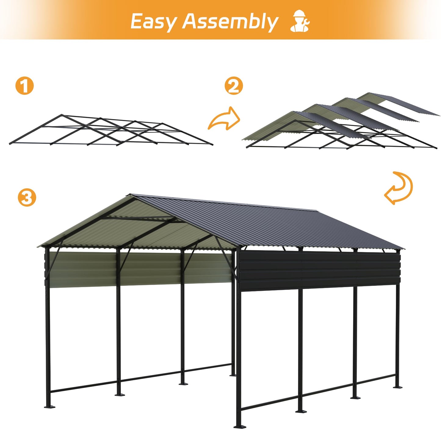 Patiowell 10x15 FT Metal Carport, Heavy Duty Carport with Reinforced Frame and Galvanized Steel Roof, Outdoor Car Port Shelter for Car, Truck, Boat and Tractor, Black
