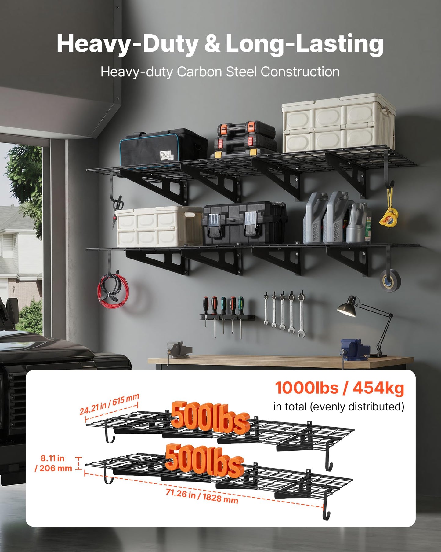 VEVOR 2-Pack Heavy Duty Garage Wall Shelving, 2 x 6 ft Steel Wall Mounted Shelving Unit with Hooks, 24 x 72 Inch Per Shelf Floating Storage Metal Rack, 1000 lbs Total Weight Capacity