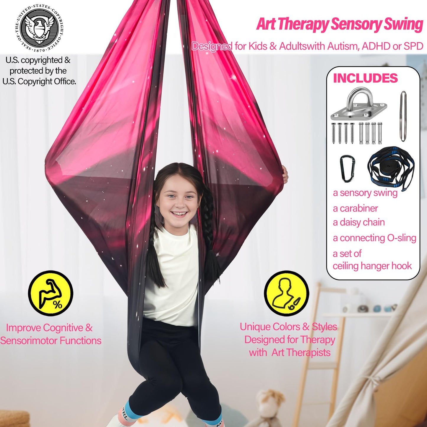 HiChrote Sensory Swing for Kids Holds up to 300lbs Indoor & Outdoor Therapy Cuddle Swing with Hammock Hooks Hanger Kit for Calming, Effect for Autism, ADHD or SPD. (Space Pink)