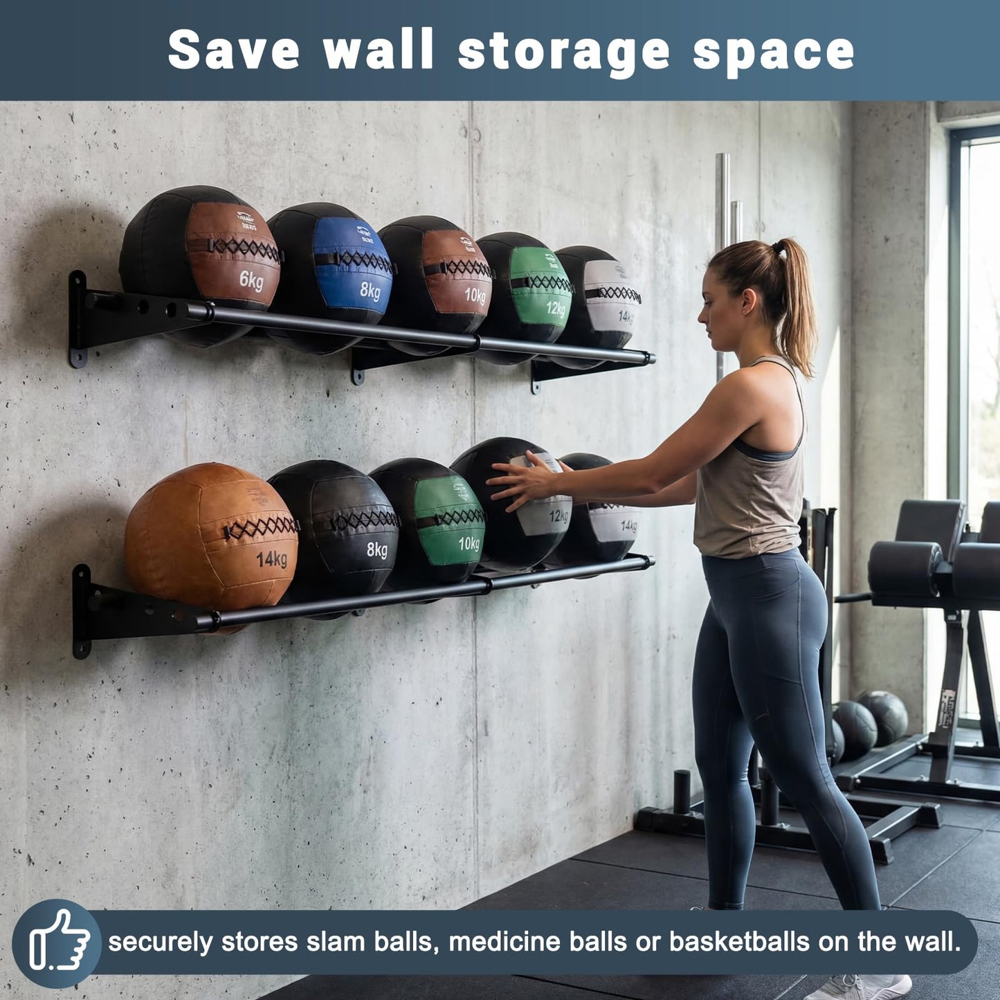 Sintuff 103 Inch Wall-mounted Adjustable Medicine Ball Storage Rack, Holds up to 6 Balls Storage Rack Basketballs, Space-saving Gym Equipment Durable Metal Organizer for Home Commercial Workout Space