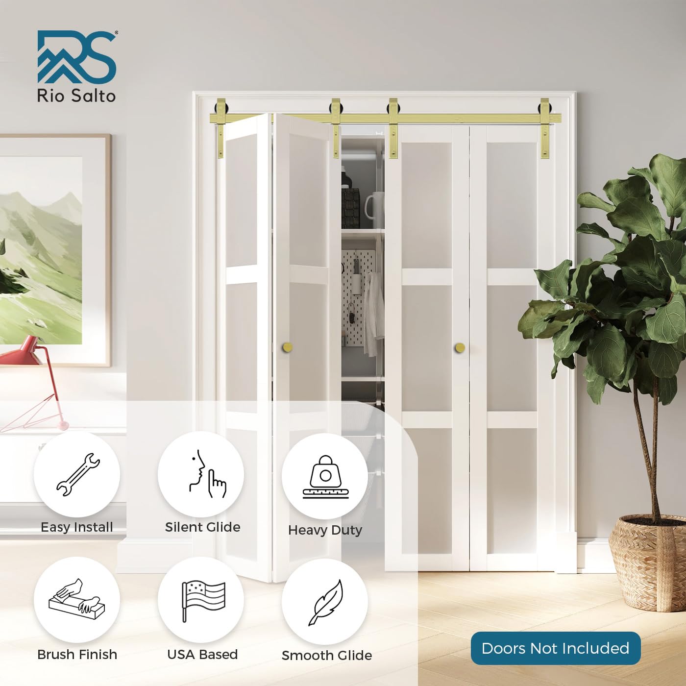 Rio Salto Gold Bifold Barn Door Hardware Kit 64" Closet — Contractor Grade Heavy Gauge Aluminum Sliding Bi Fold Track System for (4) 15" Panels, 4 Rollers with Matching Knobs (Hardware Only)