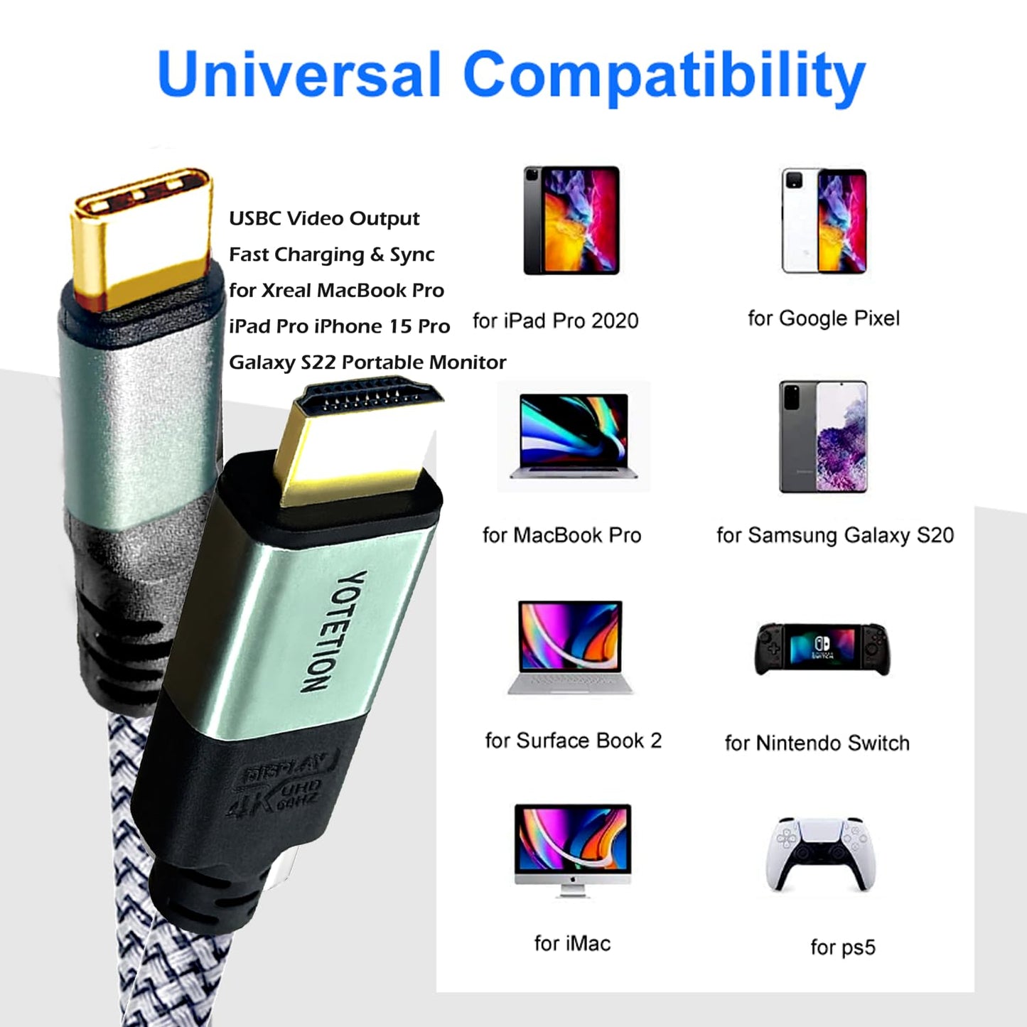 YOTETION 20FT 4K@60Hz, 15 S8-S23, 2, 3/4] USB-C to HDMI-A Braided Cable, Suitable for Home Office [Compatible