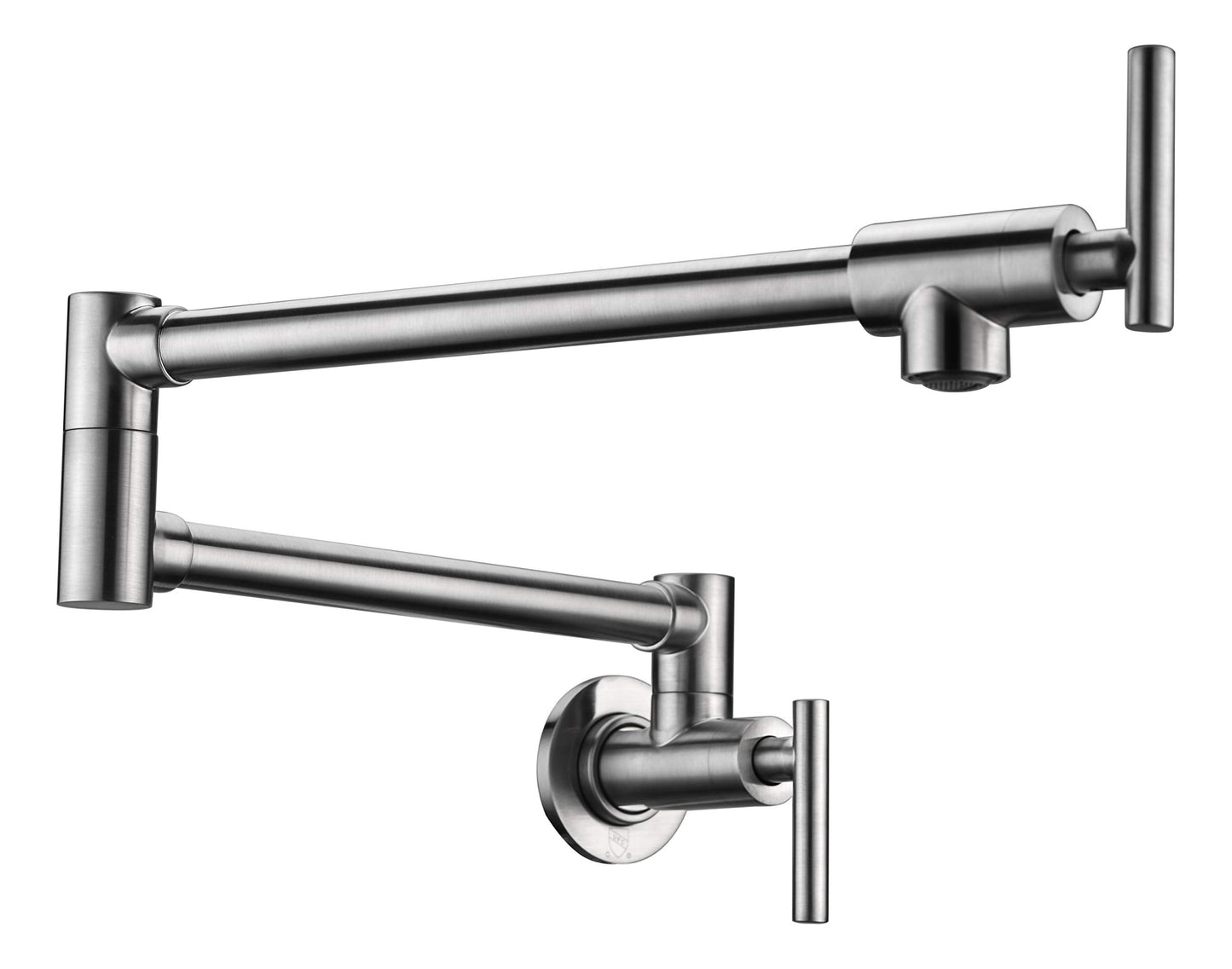 ANZZI 24-Inch Wall Mounted Pot Filler in Brushed Nickel | 24-Reach Spout Solid Brass Two Handle Dual Shut-Off Valve Double Joint Swing Arm Wall Mount Kitchen Folding Faucet | KF-AZ258BN