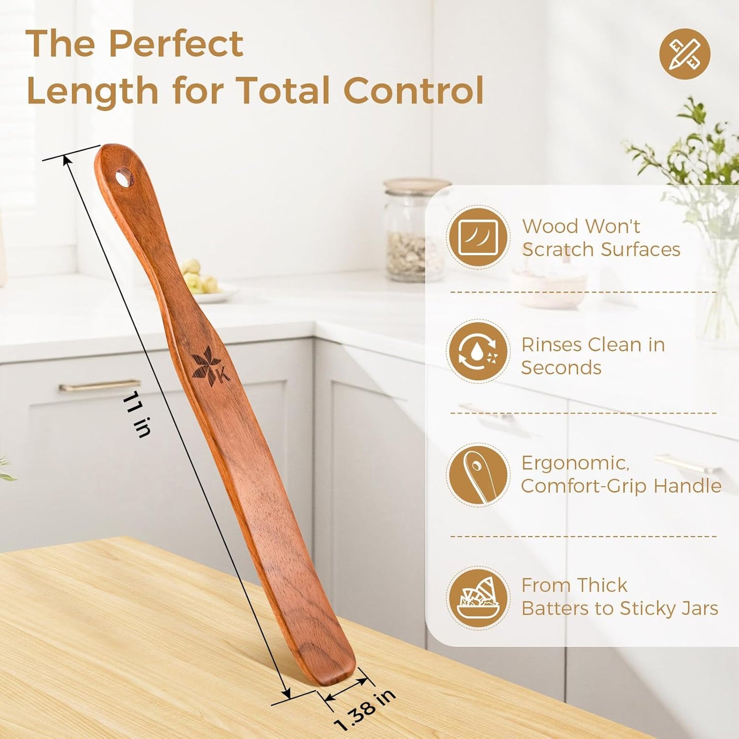 Skiennix 2 Pack Spurtle Set - Danish Dough Whisk & Jar Spatula in Solid Teak Wood for Bread Making