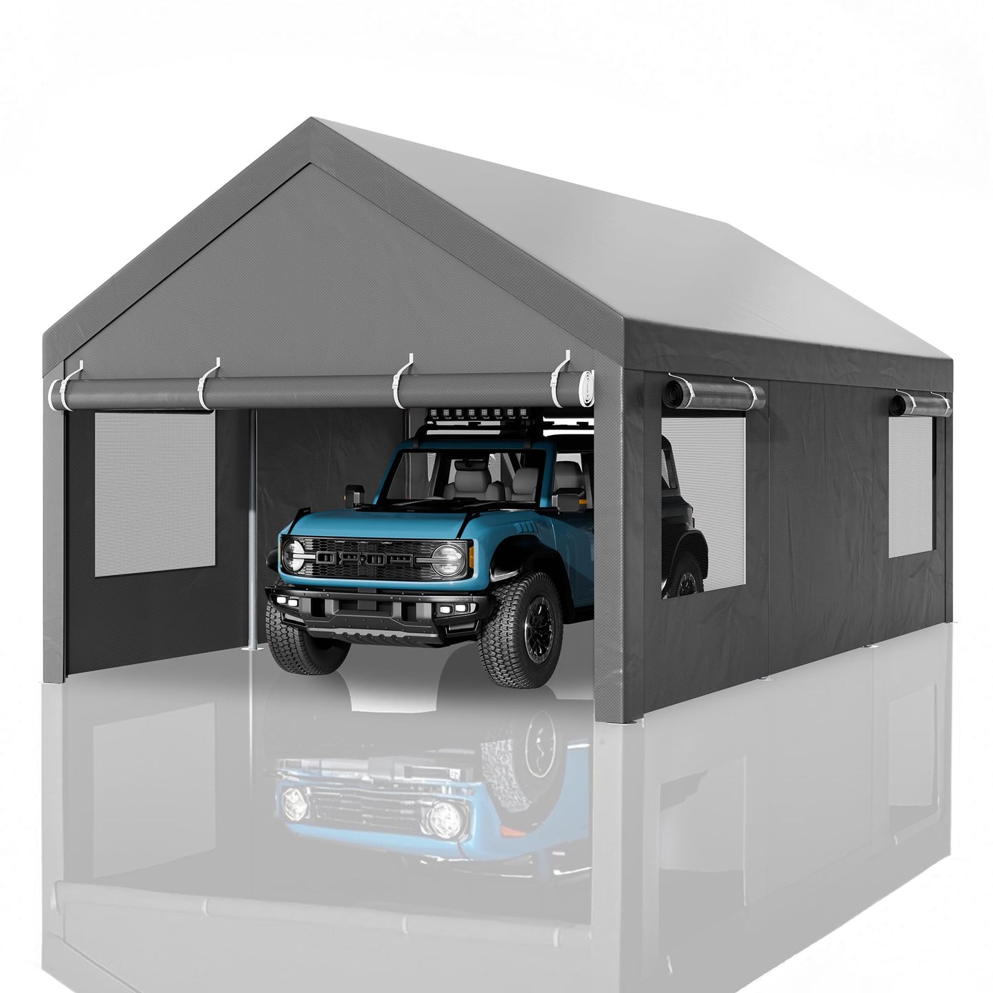 Nuturelly 12x20 FT Carport, Heavy Duty Carport Canopy with Roll-up Windows, Portable Garage with Removable Sidewalls & Doors, Car Canopy with All-Season PE Tarp for Car, Truck, Boat,Gray