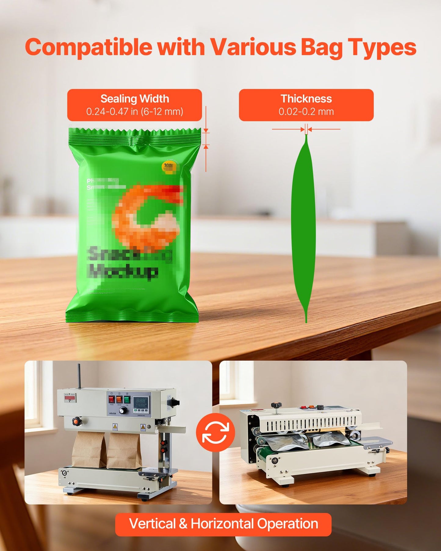 VEVOR Continuous Bag Band Sealing Machine, 0.24-0.47 in Seal Width, Vertical Band Sealer Machine with Roller Printing, Temp & Speed Adjustable, Heat Sealing Machine for 0.001-0.03 in Plastic Bags