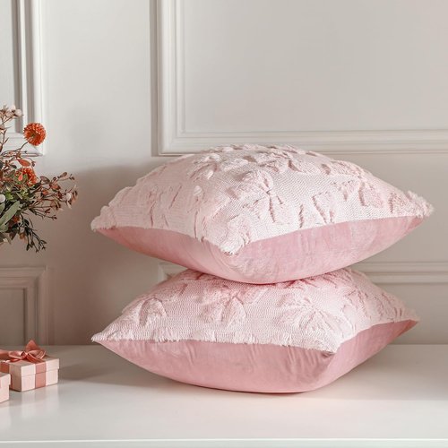 Mixweer Pink Bow Pillow Covers - Set of 2 Soft Faux Fur Decorative Pillowcases for Couch | 18 x 18 Inch