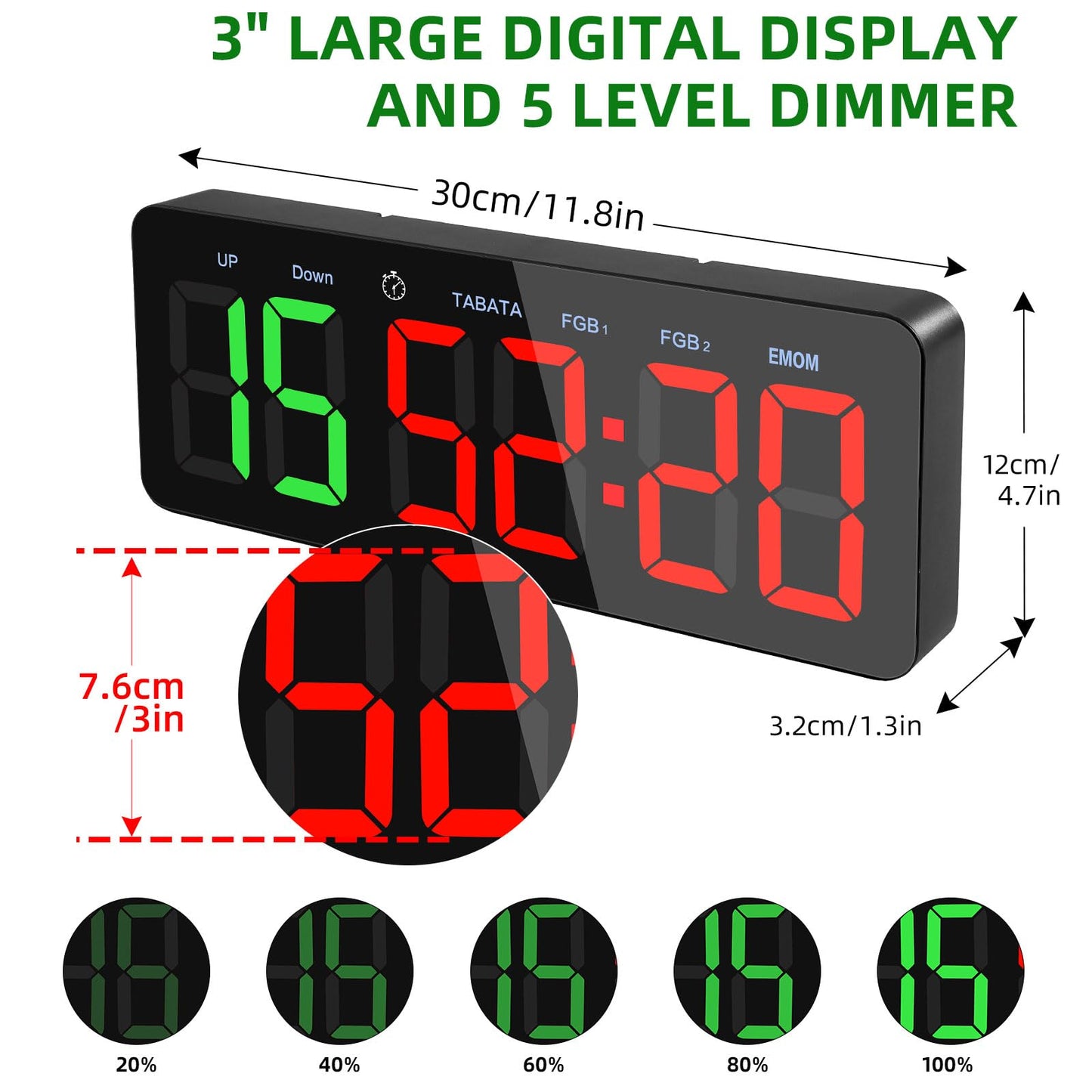 PELLOR Gym Timer Clock, Interval Timer with Function Mode Display, Countdown/UP Stopwatch Adjustable Brightness with Remote Control, 3'' Large Digits Digital Wall Clock for Home Gym Room