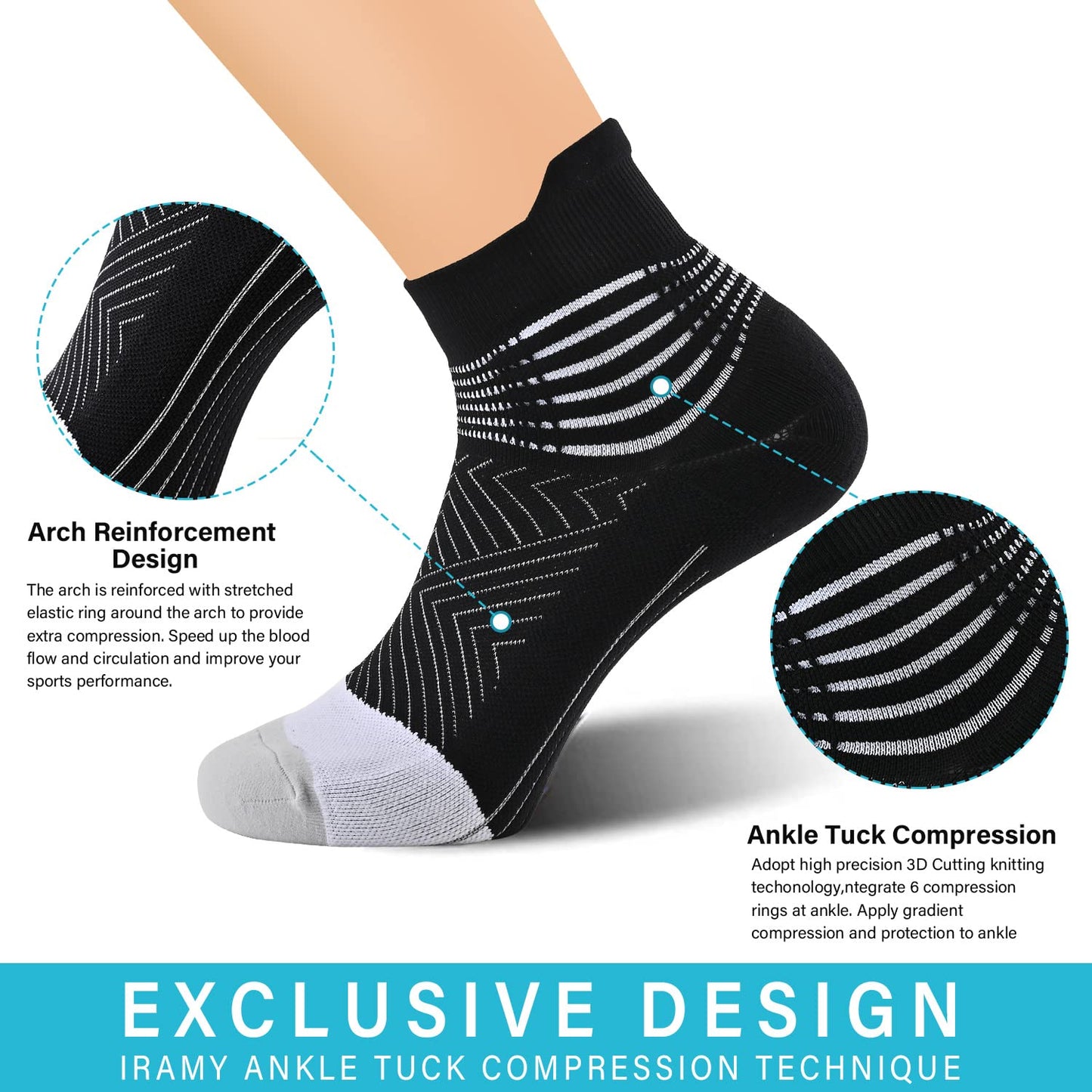 IRAMY Compression Ankle Support Running Socks Women Wicking 3 Pairs Quarter Athletic Cushioned Plantar Fasciitis Socks