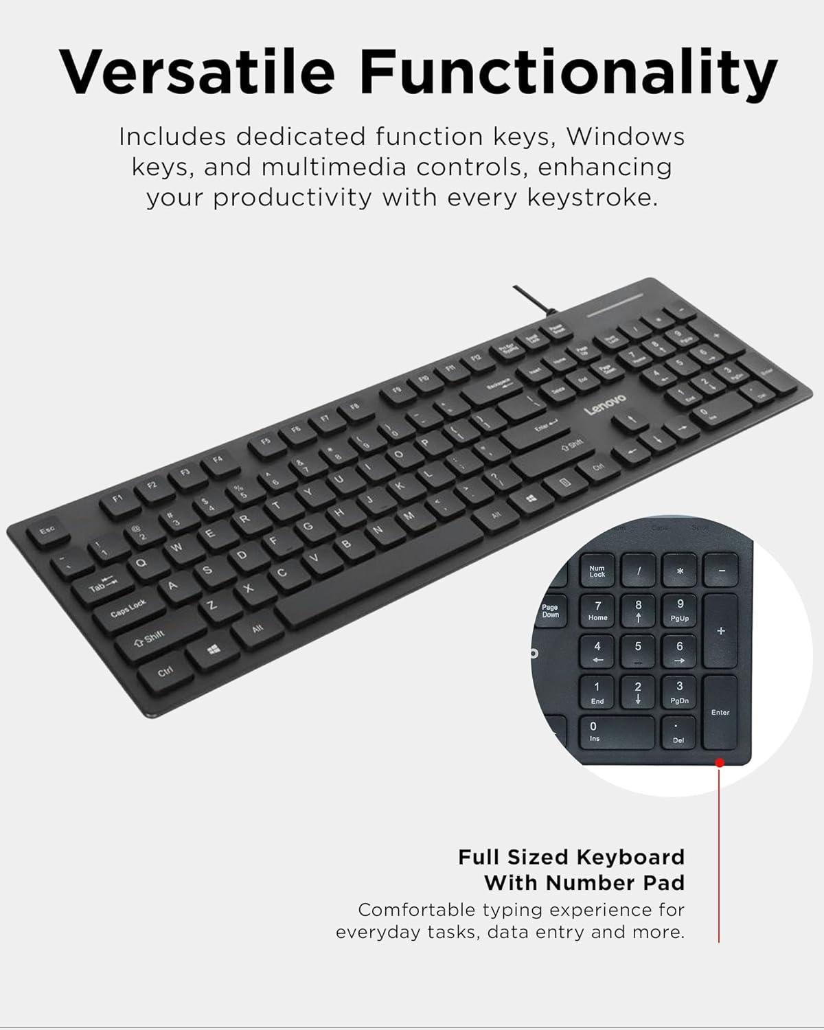 Lenovo 305 Wired USB-C Keyboard with Numeric Keypad, Full Size Keyboard, Slim Design, Black, USB-C Connectivity